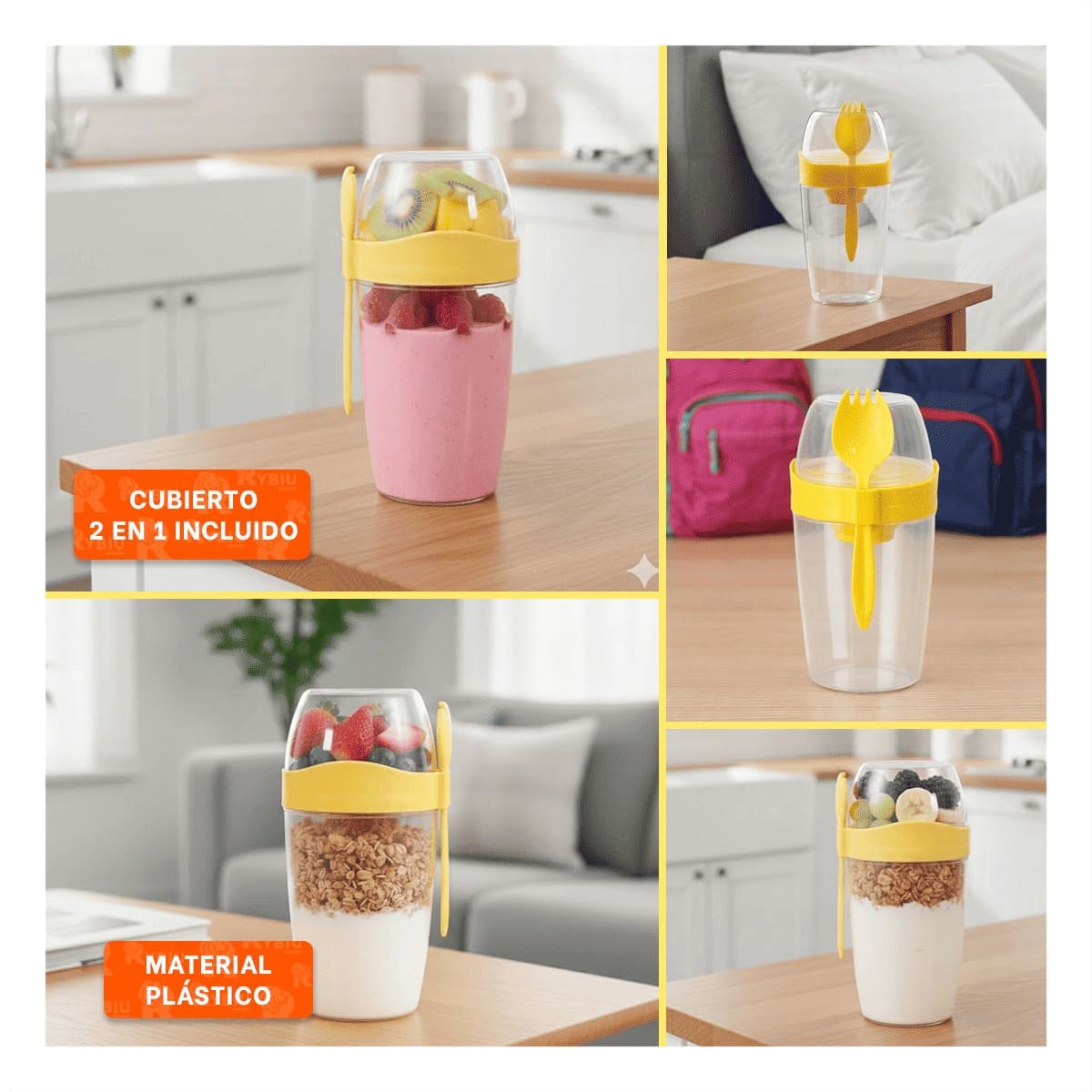 VASO YOGURERO 2 EN 1 CON CUBIERTO GRANDE AMARILLO PARA LONCHERA Y VIAJES - 5