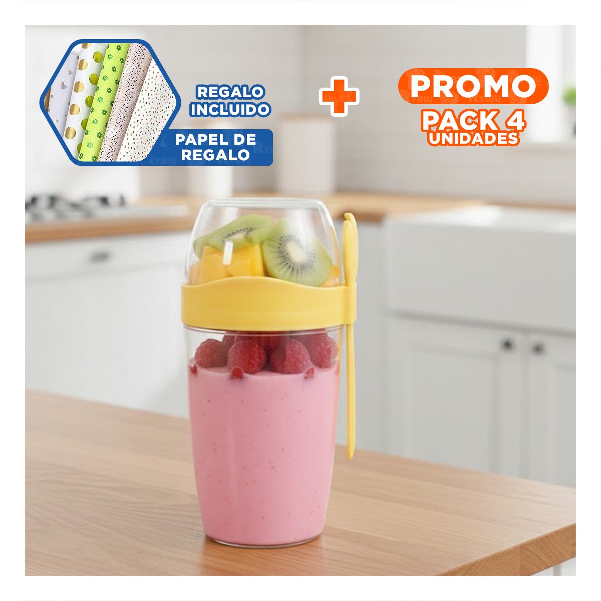 PACK4 ENVASE YOGURERO 2 EN 1 CON CUBIERTO GRANDE AMARILLO PARA SNACKS SALUDABLES Y+PAPEL REGALO - 1