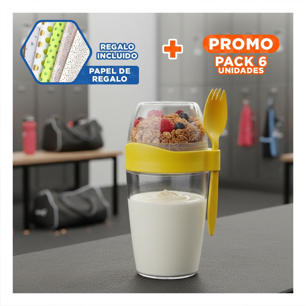 PACK6 VASO YOGURERO CON CUBIERTO GRANDE AMARILLO 2 EN 1 PARA LLEVAR SIEMPRE Y+PAPEL REGALO - 1