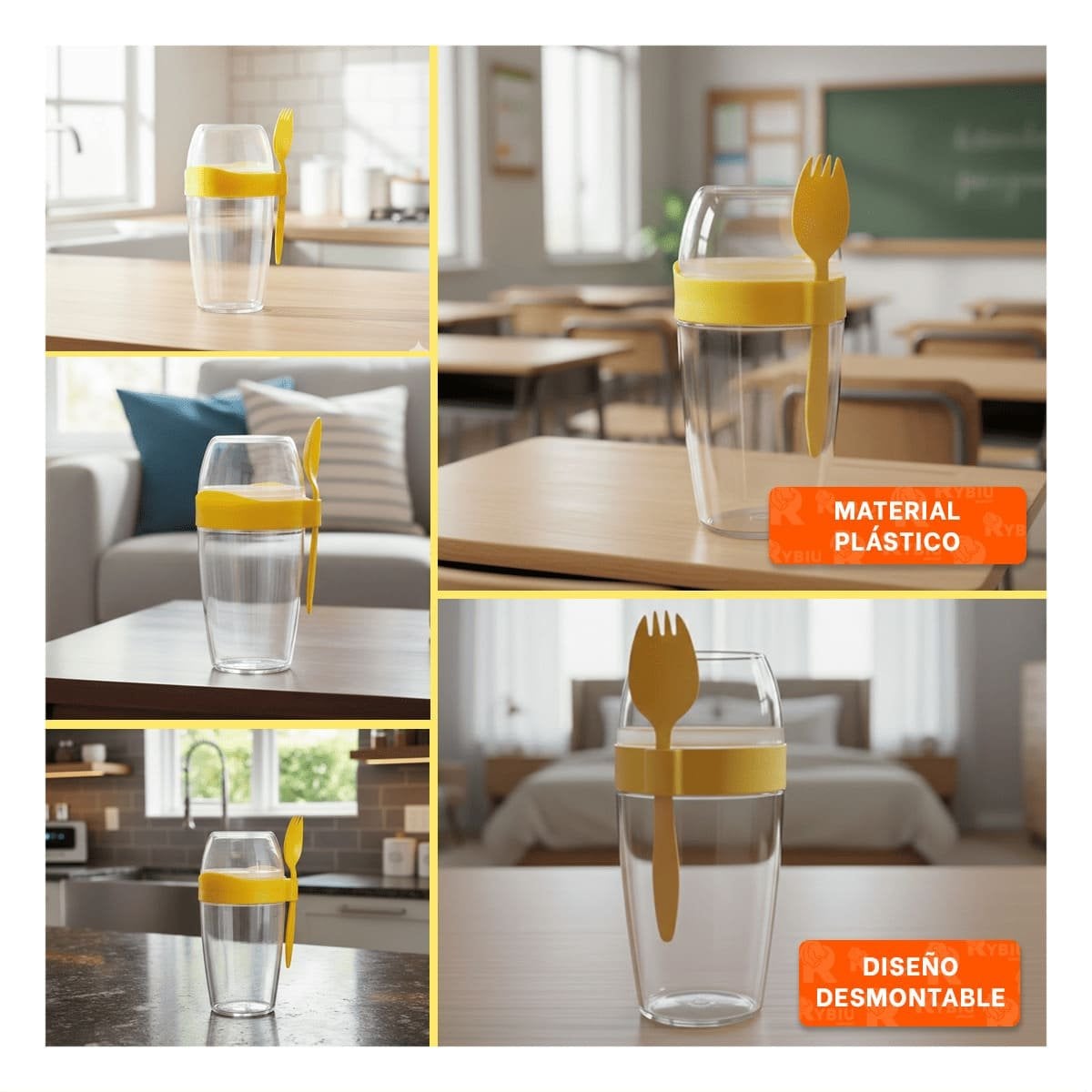 PACK6 VASO YOGURERO CON CUBIERTO GRANDE AMARILLO 2 EN 1 PARA LLEVAR SIEMPRE Y+PAPEL REGALO - 3