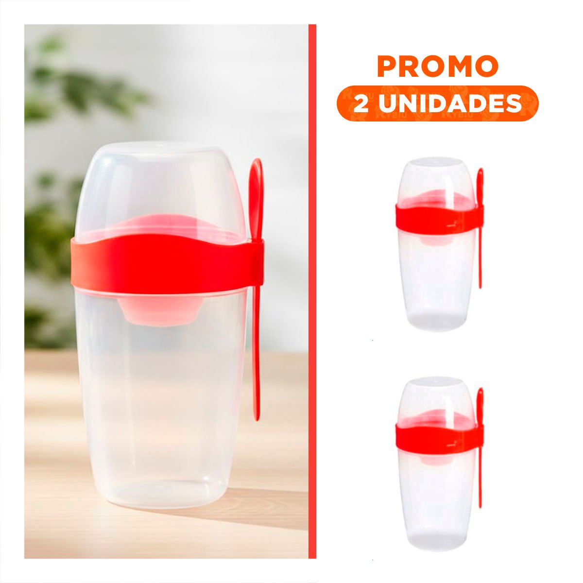 PACK2 RECIPIENTE YOGURERO 2 EN 1 CON CUBIERTO GRANDE ROJO PARA DESAYUNO COMPLETO - 1