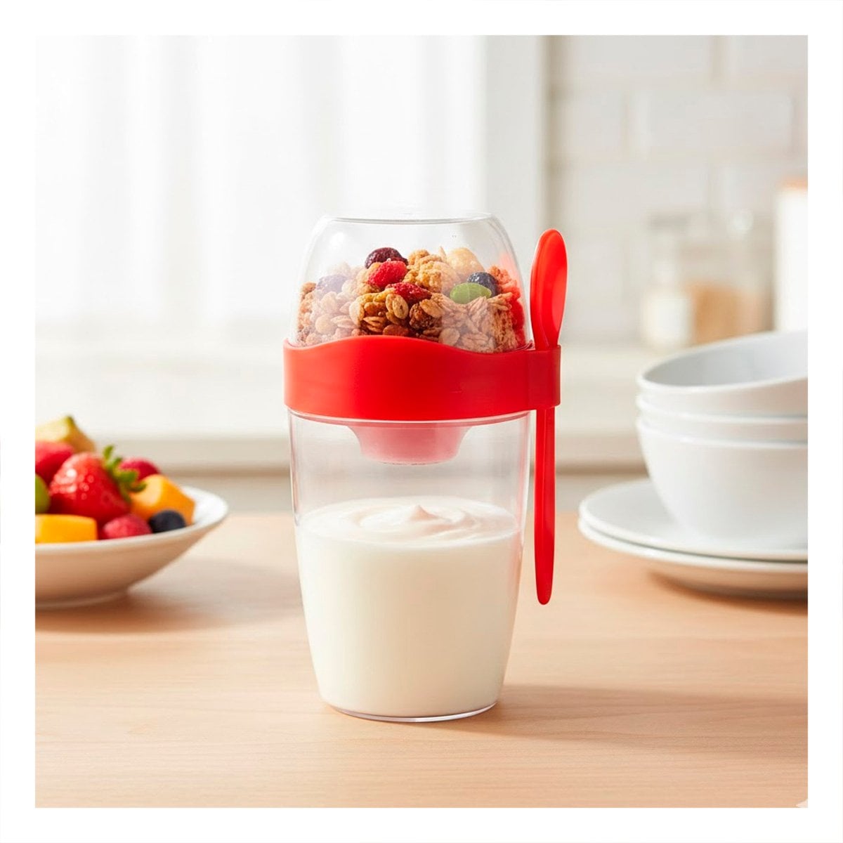 PACK2 RECIPIENTE YOGURERO 2 EN 1 CON CUBIERTO GRANDE ROJO PARA DESAYUNO COMPLETO - 3