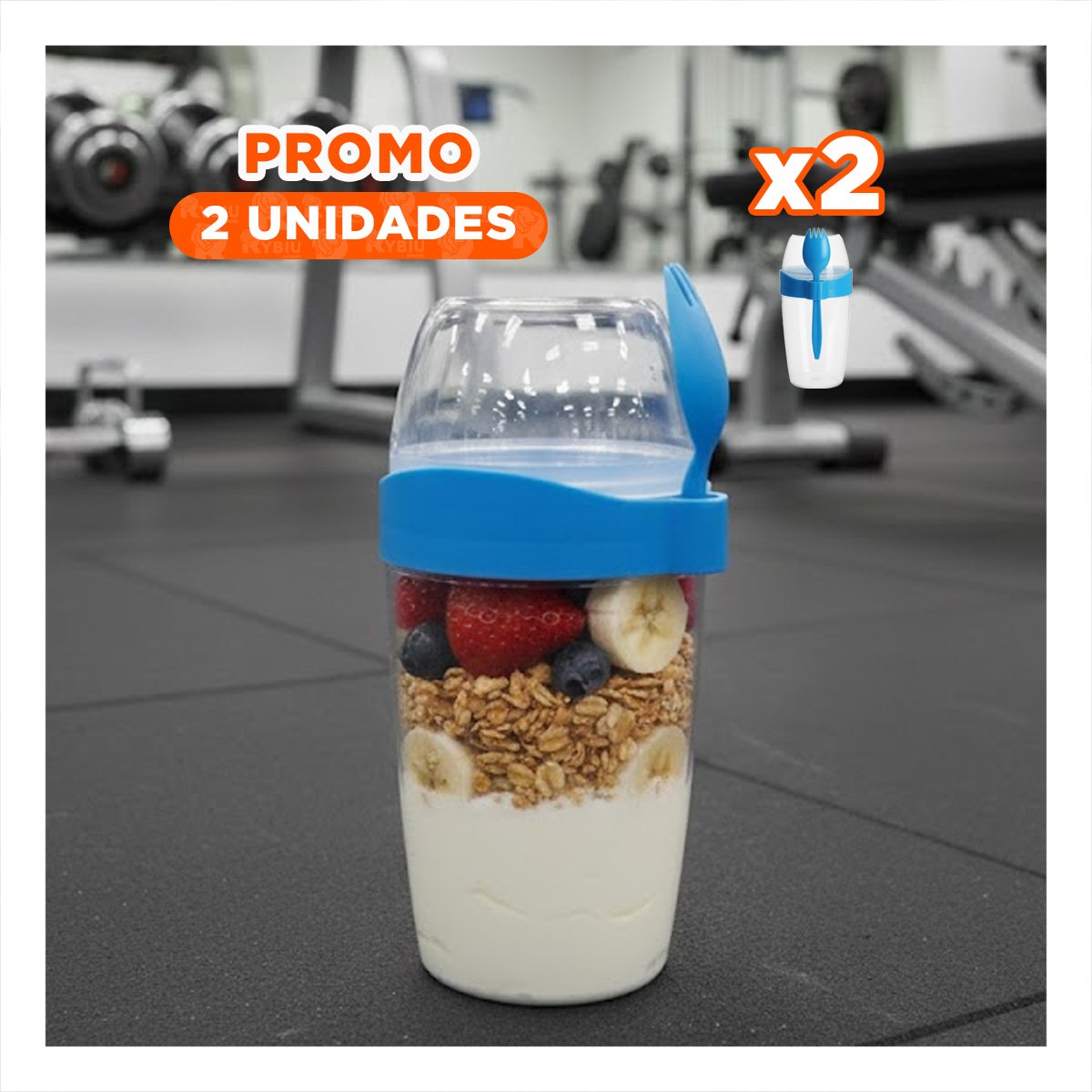 PACK2 VASO YOGURTERO 2 EN 1 CON CUBIERTO GRANDE AZUL PARA USO CONTINUO Y+REGALO STICKER - 1