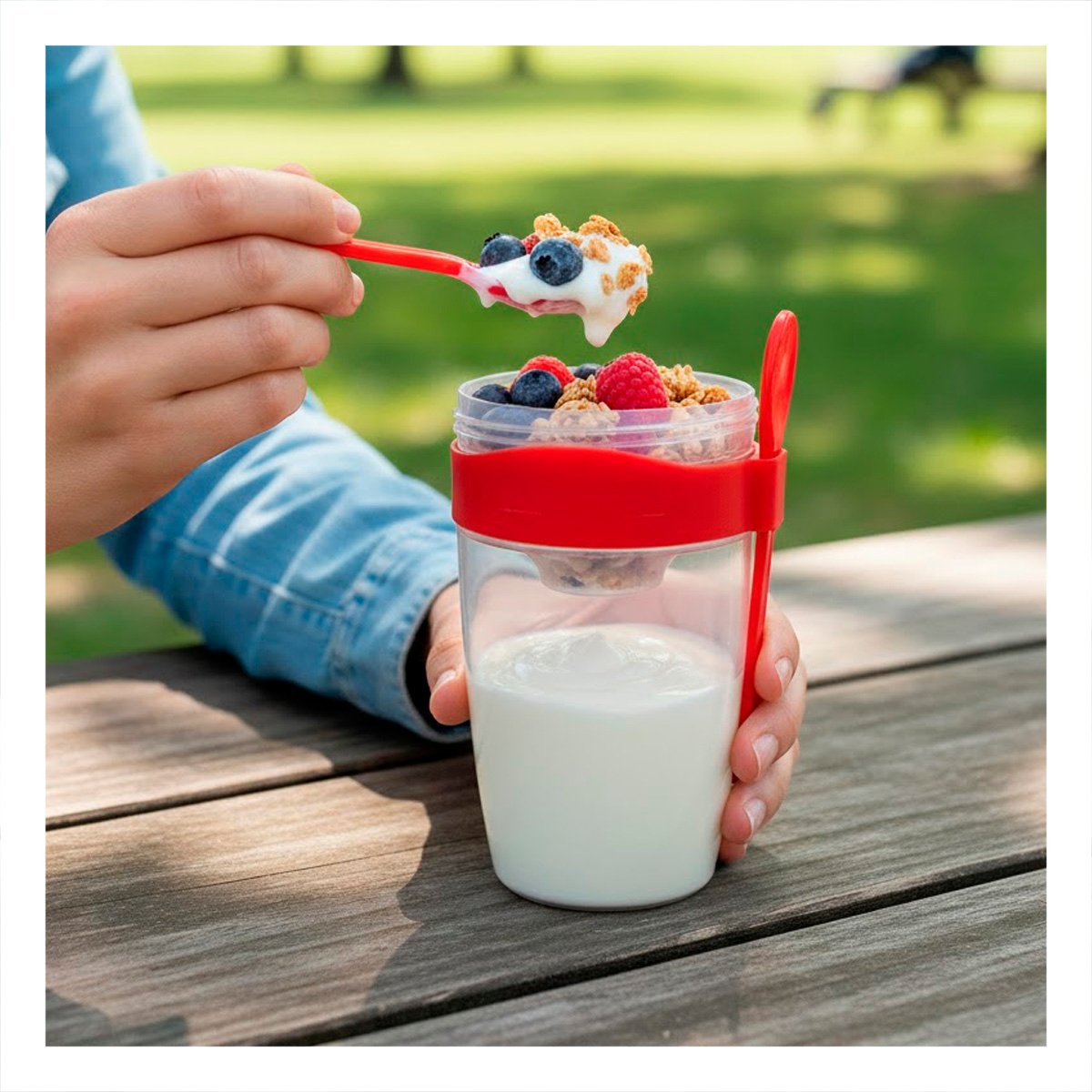PACK6 VASO YOGURERO CON CUBIERTO GRANDE ROJO 2 EN 1 PARA LLEVAR SIEMPRE Y+PAPEL REGALO - 5