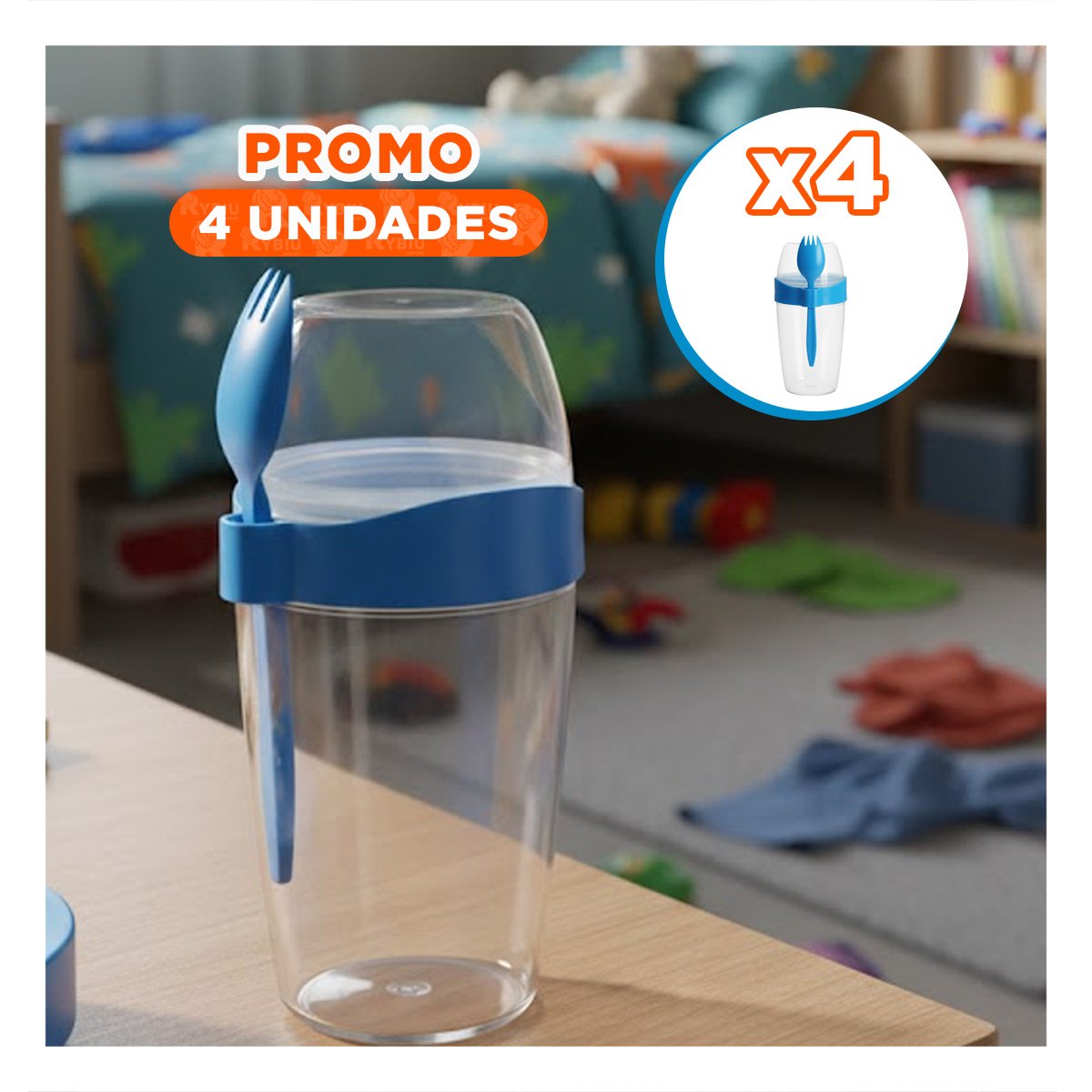 PACK4 CONTENEDOR YOGURERO 2 EN 1 CON CUBIERTO GRANDE AZUL PARA ESTILO DE VIDA ACTIVO - 1