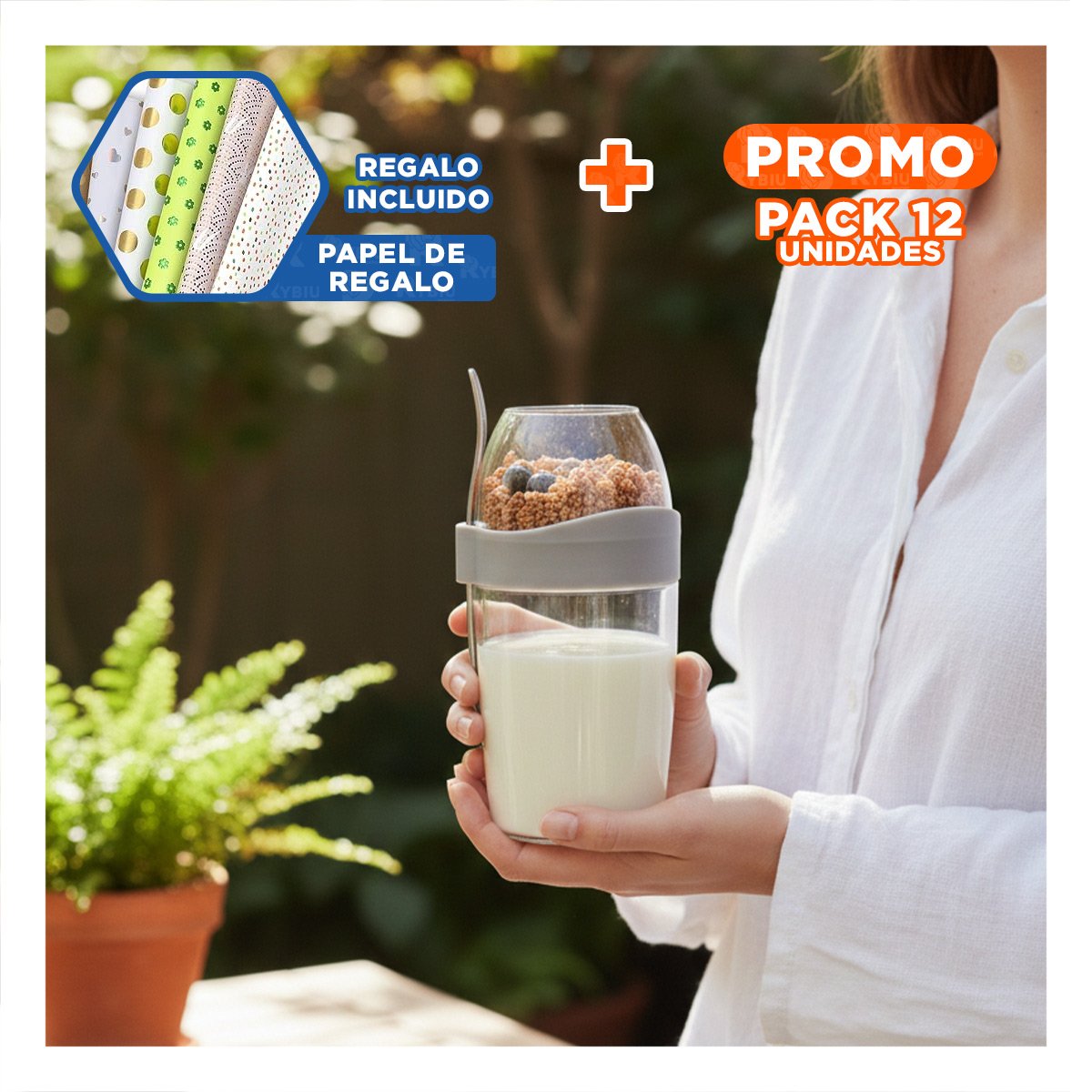 PACK12 RECIPIENTE YOGURTERO 2 EN 1 CON CUBIERTO GRANDE PLOMO PARA USO EN CASA Y+PAPEL REGALO - 1