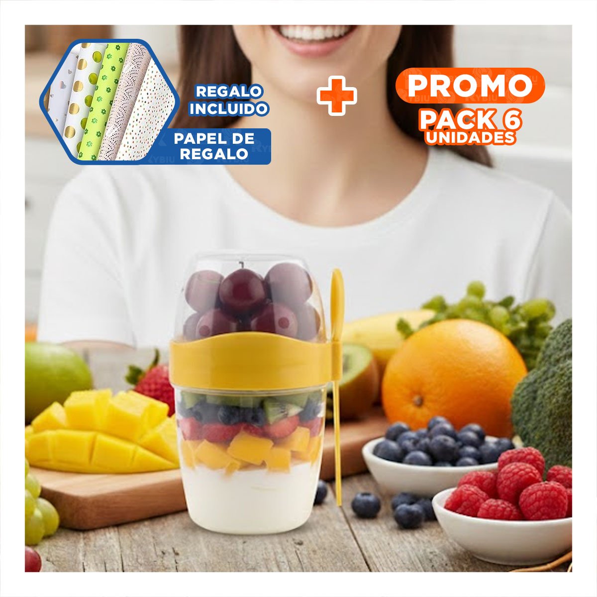 PACK6 CONTENEDOR YOGUR AMARILLO 2 EN 1 PARA COMBINAR SNACKS AL INSTANTE Y+PAPEL REGALO - 1