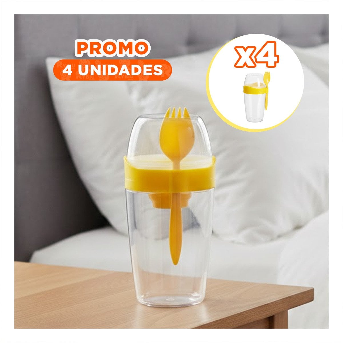 PACK4 CONTENEDOR YOGURERO 2 EN 1 CON CUBIERTO GRANDE AMARILLO PARA ESTILO DE VIDA ACTIVO - 1