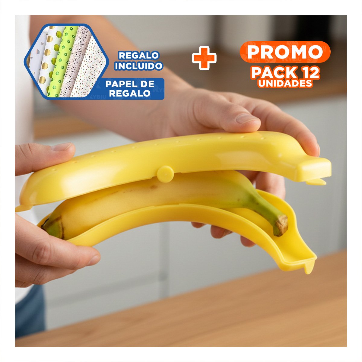 PACK12 CONTENEDOR PORTA PLATANO AMARILLO DISEÑADO PARA EVITAR APLASTAMIENTOS Y+PAPEL REGALO - 1