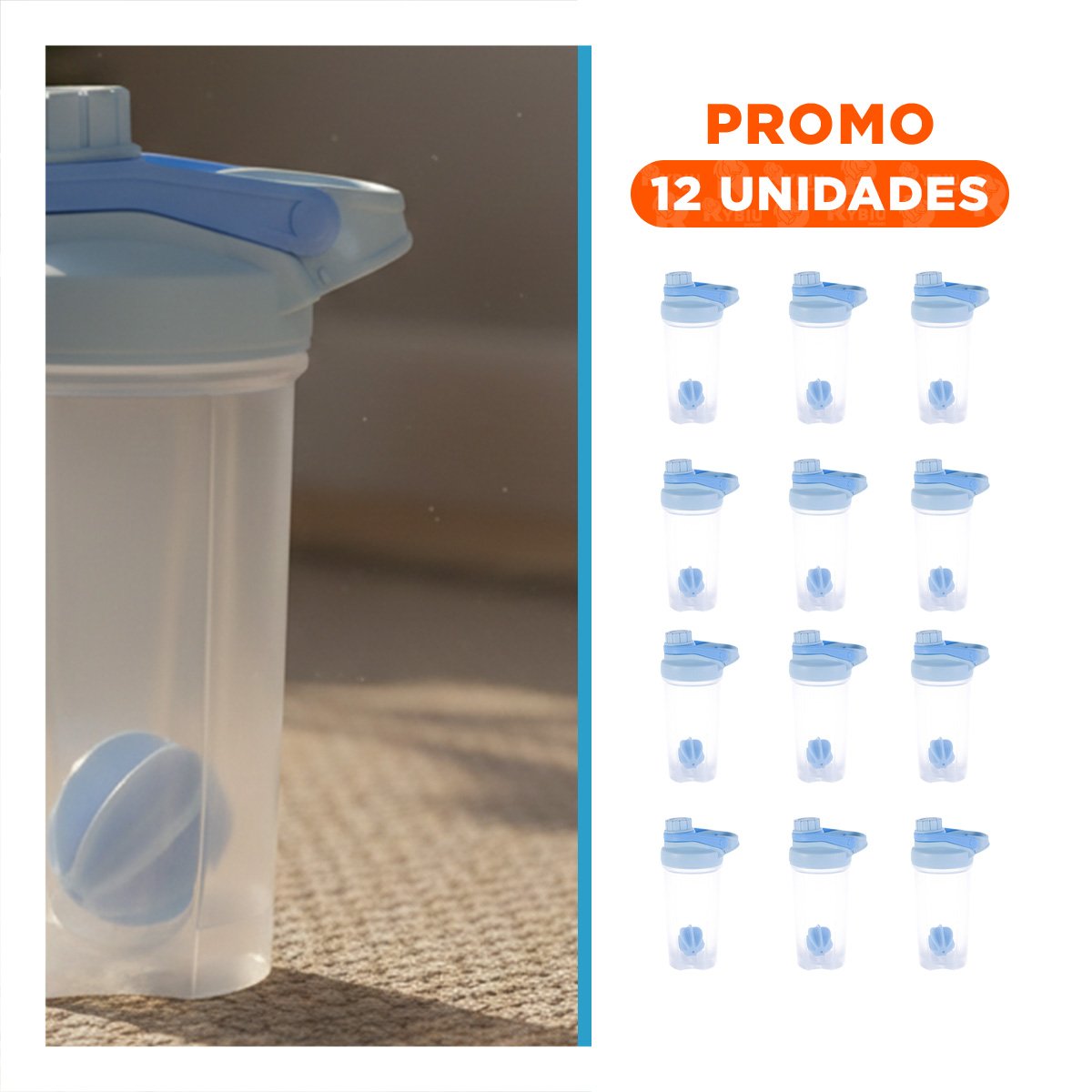 PACK12 ENVASE TOMATODO SHAKER 500ML CELESTE PRÁCTICO PARA GYM Y LICUADOS Y+REGALO STICKER - 1