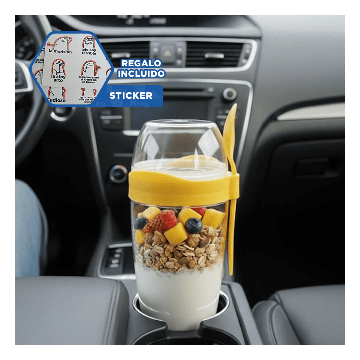 RECIPIENTE YOGURTERO 2 EN 1 CON CUBIERTO GRANDE AMARILLO PARA GUARDAR CEREAL Y+REGALO STICKER - 1