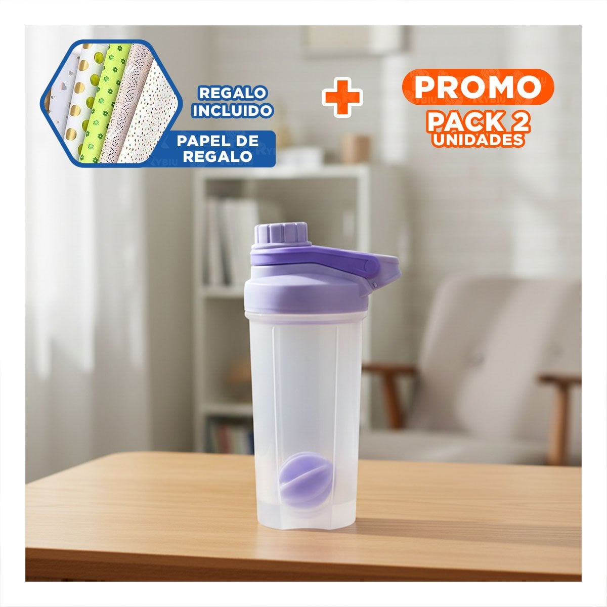 PACK2 ENVASE TOMATODO SHAKER 500ML LILA PARA GYM Y HIDRATACIÓN DIARIO Y+PAPEL REGALO - 1
