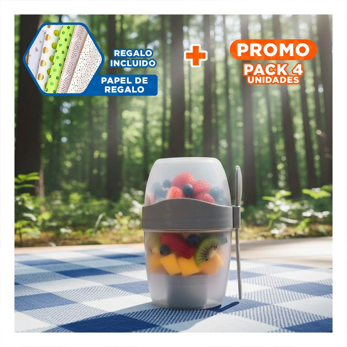 PACK4 VASO YOGUR PLOMO CON CUBIERTO REUTILIZABLE PARA SNACKS Y FRUTAS Y+PAPEL REGALO - 1