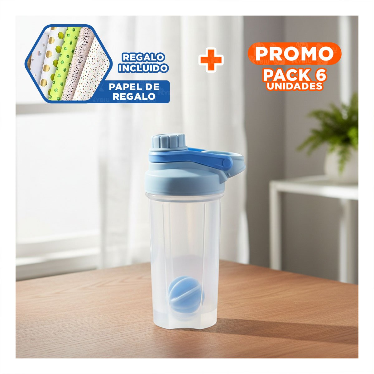 PACK6 BIDÓN TOMATODO SHAKER 500ML CELESTE PARA AGUA Y ACTIVIDAD FÍSICA DIARIO Y+PAPEL REGALO - 1