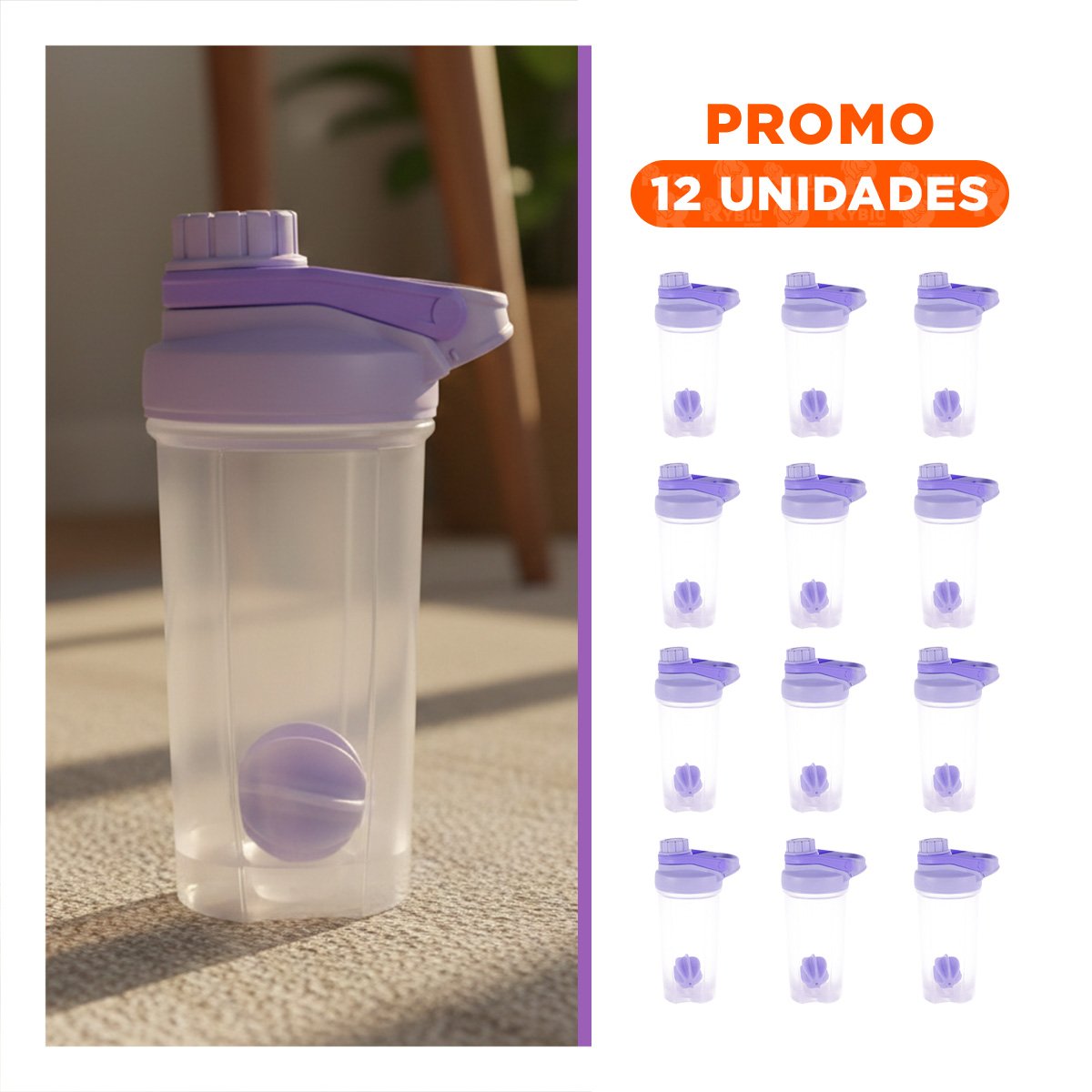 PACK12 ENVASE TOMATODO SHAKER 500ML LILA PRÁCTICO PARA GYM Y LICUADOS Y+REGALO STICKER - 1