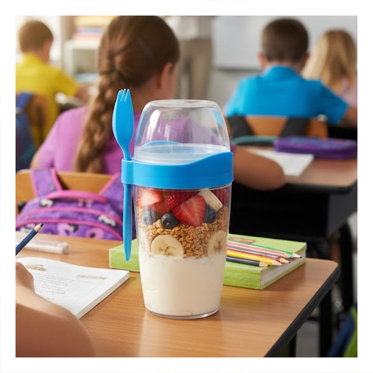TAZA YOGURTERA 2 EN 1 CON CUBIERTO GRANDE AZUL PARA MERIENDA SALUDABLE Y+PAPEL REGALO - 2