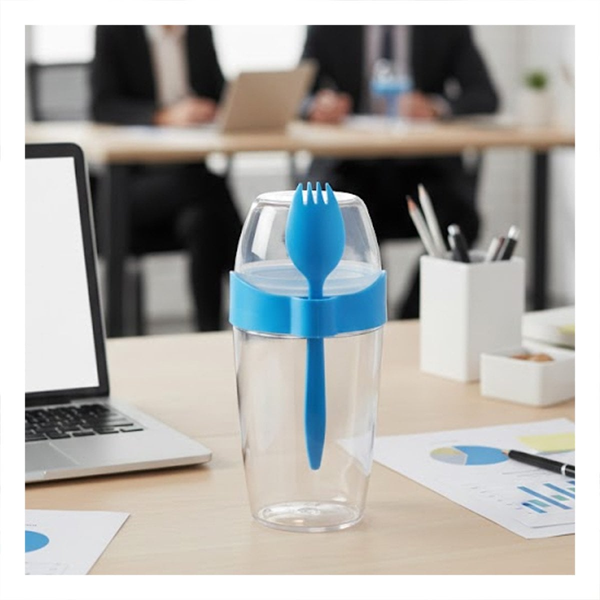 TAZA YOGURTERA 2 EN 1 CON CUBIERTO GRANDE AZUL PARA MERIENDA SALUDABLE Y+PAPEL REGALO - 3