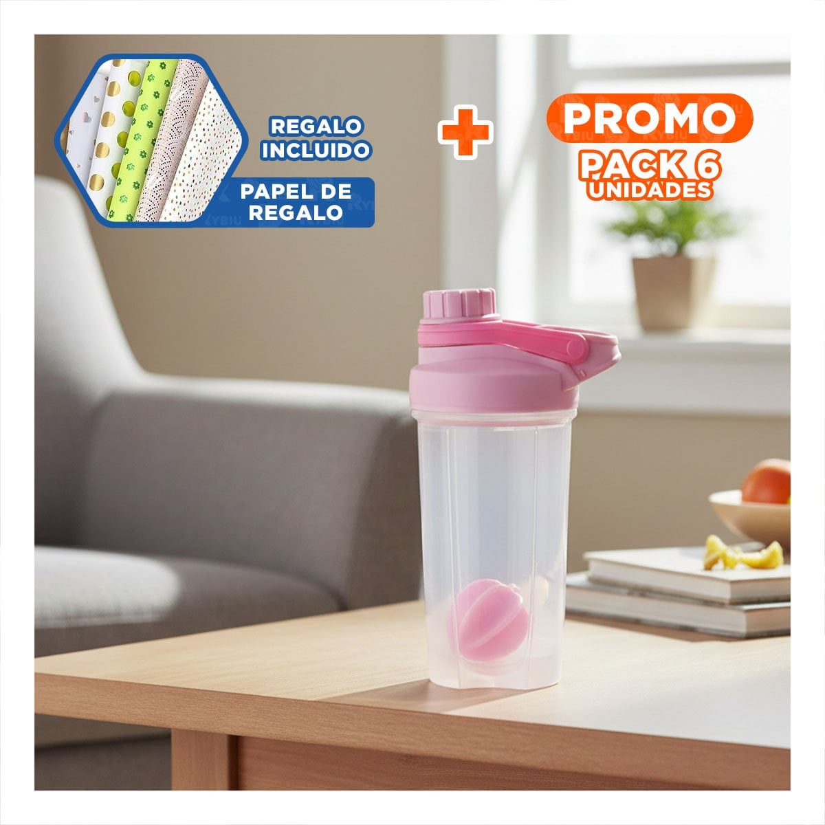 PACK6 BIDÓN TOMATODO SHAKER 500ML ROSADO PARA AGUA Y ACTIVIDAD FÍSICA DIARIO Y+PAPEL REGALO - 1