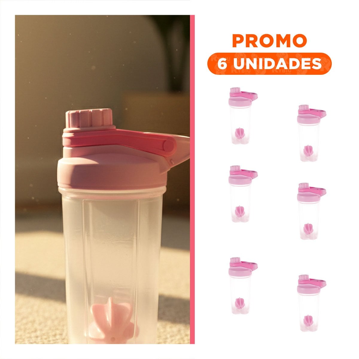 PACK6 ENVASE TOMATODO SHAKER 500ML ROSADO PARA LICUADOS Y BEBIDAS FITNESS - 1