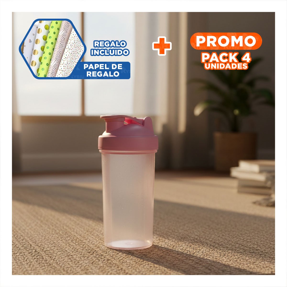 PACK4 VASO TOMATODO SHAKER 500ML ROSADO PARA HIDRATACIÓN Y GYM DIARIO Y+PAPEL REGALO - 1
