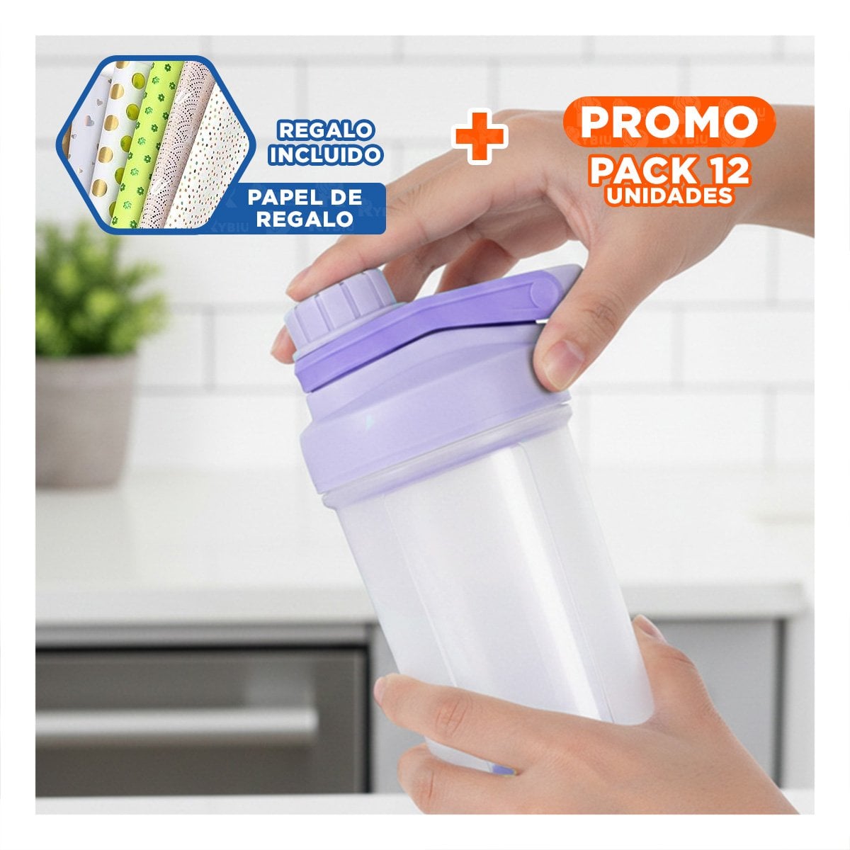 PACK12 FRASCO TOMATODO SHAKER 500ML LILA PARA HIDRATACIÓN Y DEPORTE DIARIO Y+PAPEL REGALO - 1