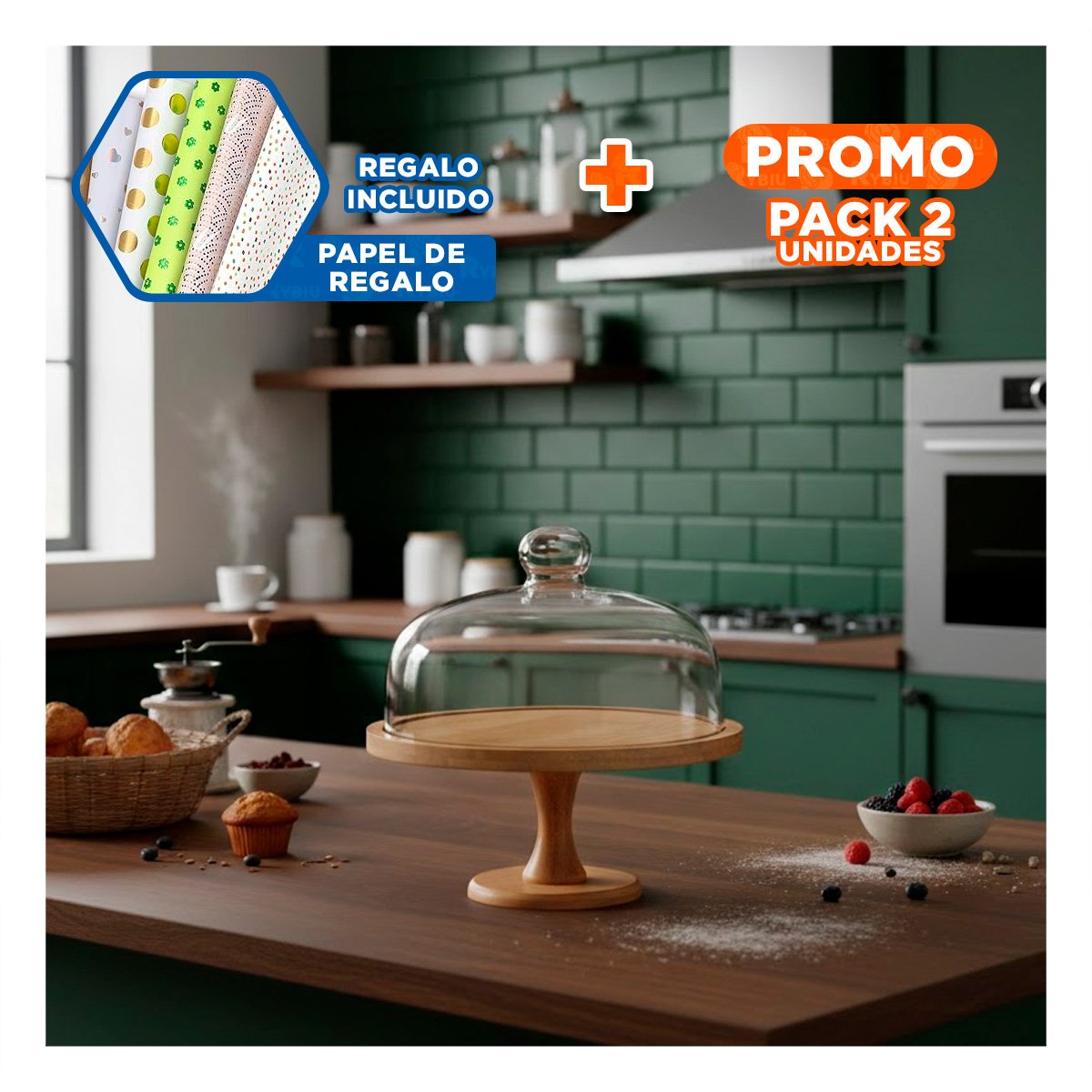 PACK2 PIE MADERA CON CUPULA DE VIDRIO 30CM TRANSPARENTE PARA EXHIBICION Y FIESTA Y+PAPEL REGALO - 1
