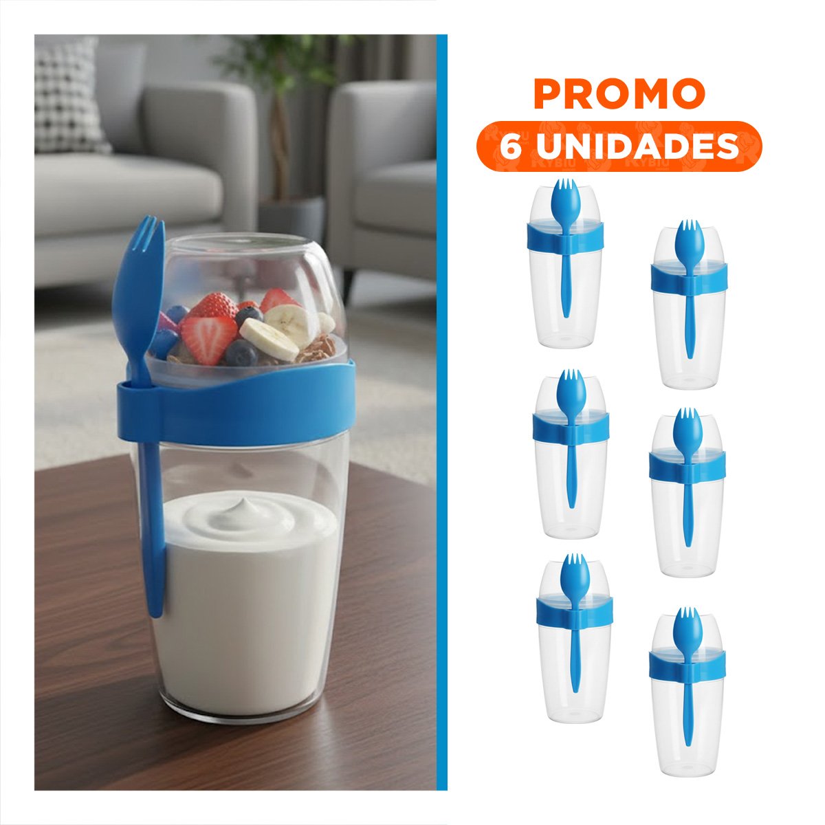 PACK6 RECIPIENTE YOGURERO CON CUBIERTO GRANDE AZUL 2 EN 1 PARA ALIMENTACION SALUDABLE - 1