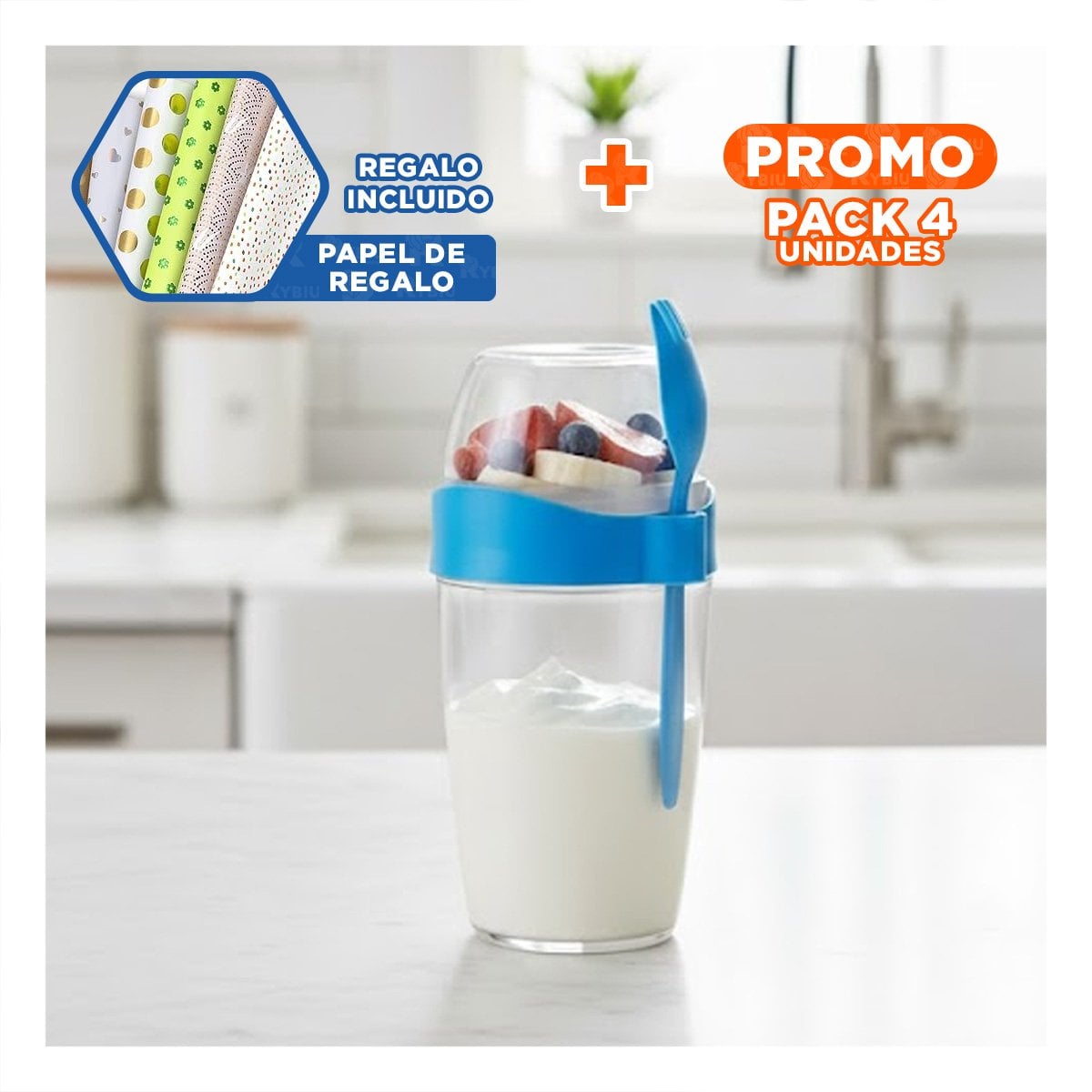 PACK4 ENVASE YOGURERO 2 EN 1 CON CUBIERTO GRANDE AZUL PARA SNACKS SALUDABLES Y+PAPEL REGALO - 1
