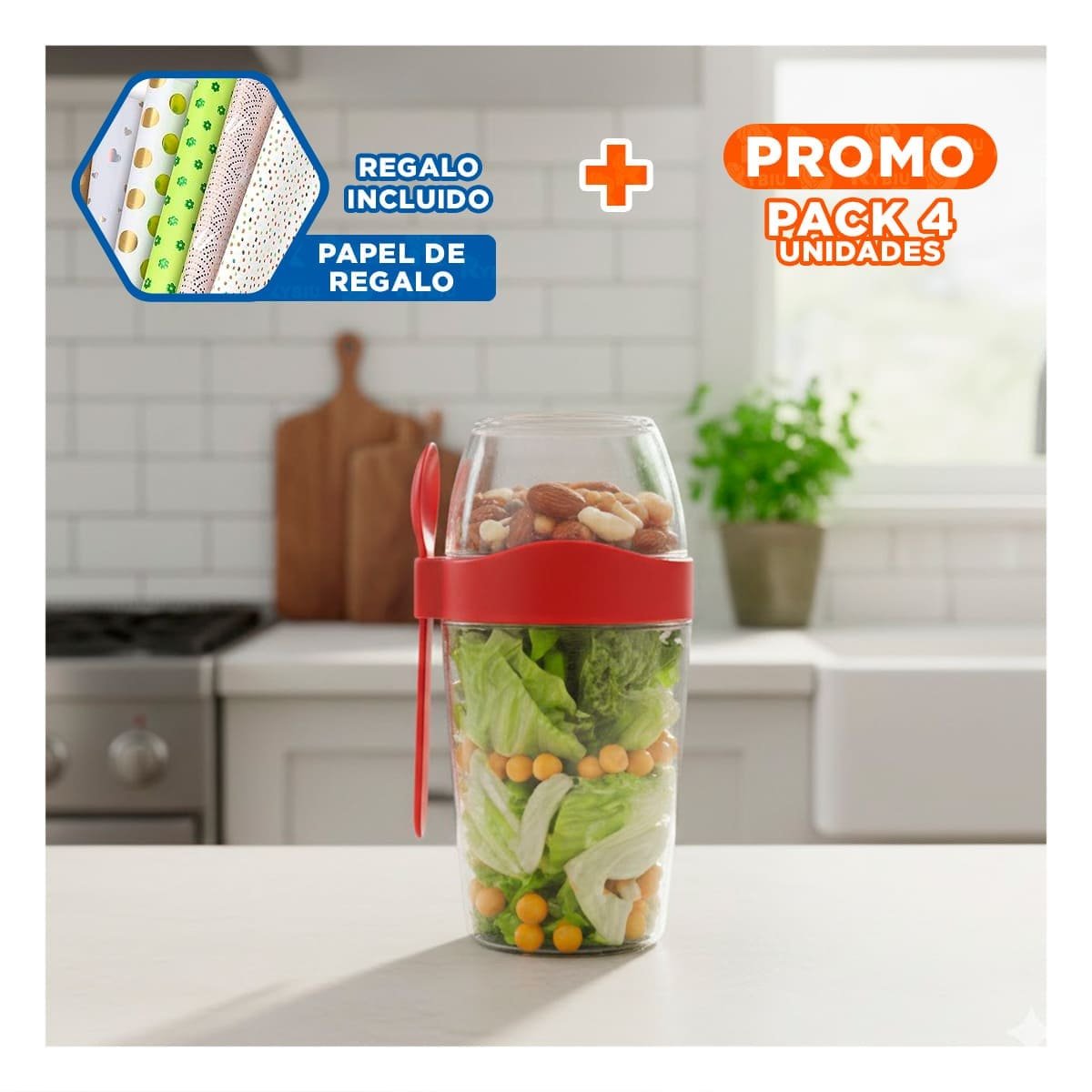 PACK4 VASO YOGUR ROJO CON CUBIERTO REUTILIZABLE PARA SNACKS Y FRUTAS Y+PAPEL REGALO - 1