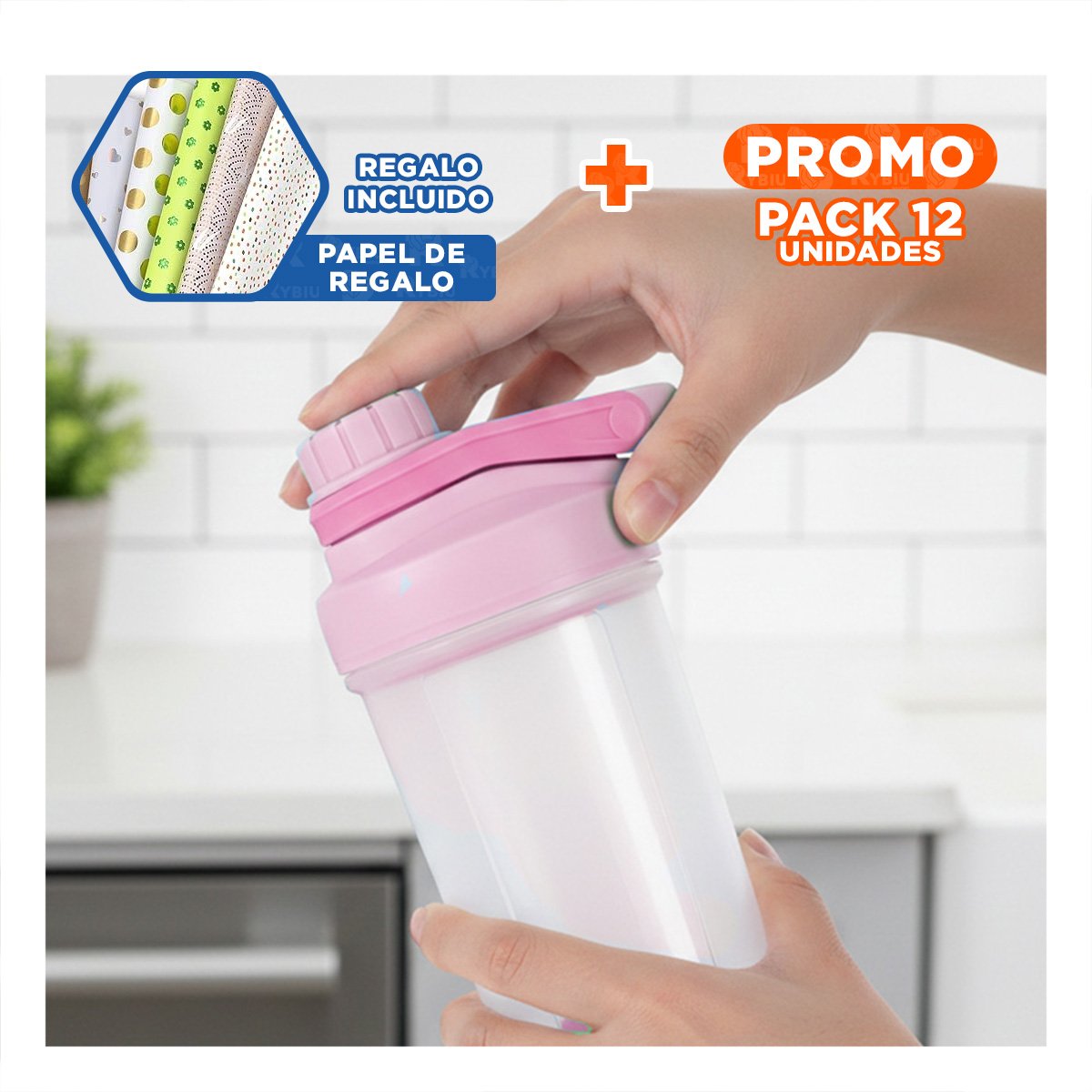PACK12 FRASCO TOMATODO SHAKER 500ML ROSADO PARA HIDRATACIÓN Y DEPORTE DIARIO Y+PAPEL REGALO - 1
