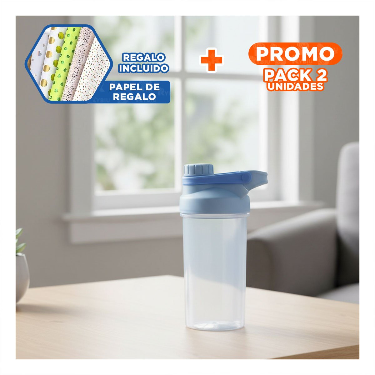 PACK2 ENVASE TOMATODO SHAKER 500ML CELESTE PARA GYM Y HIDRATACIÓN DIARIO Y+PAPEL REGALO - 1
