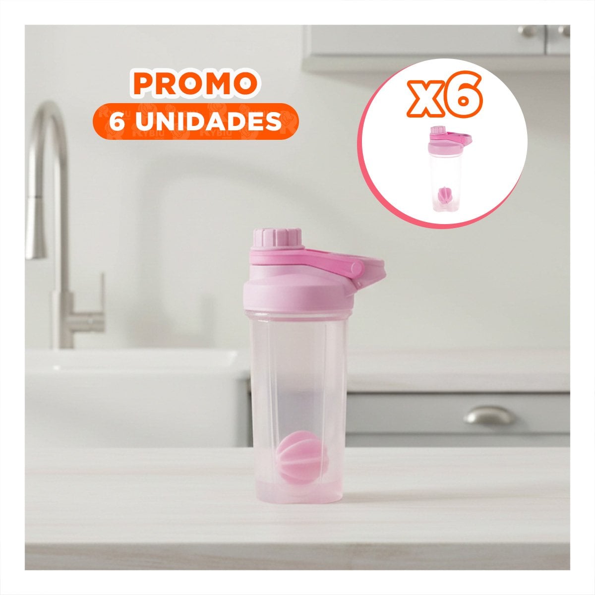 PACK6 BOTELLA TOMATODO SHAKER 500ML ROSADO PARA GYM Y BATIDOS NUTRITIVOS Y+REGALO STICKER - 1