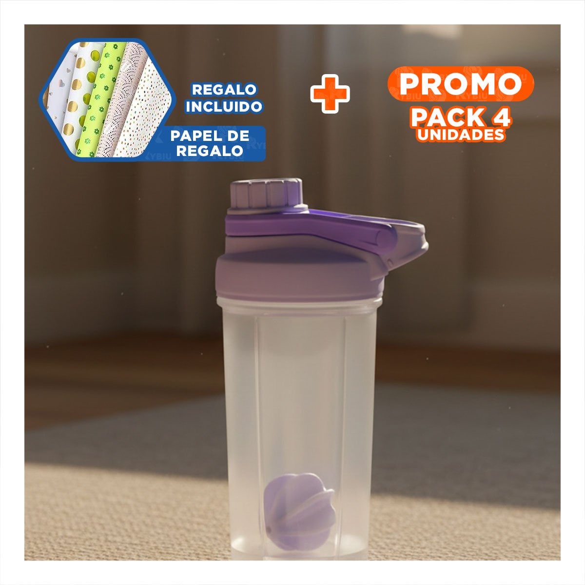 PACK4 VASO TOMATODO SHAKER 500ML LILA PARA HIDRATACIÓN Y GYM DIARIO Y+PAPEL REGALO - 1