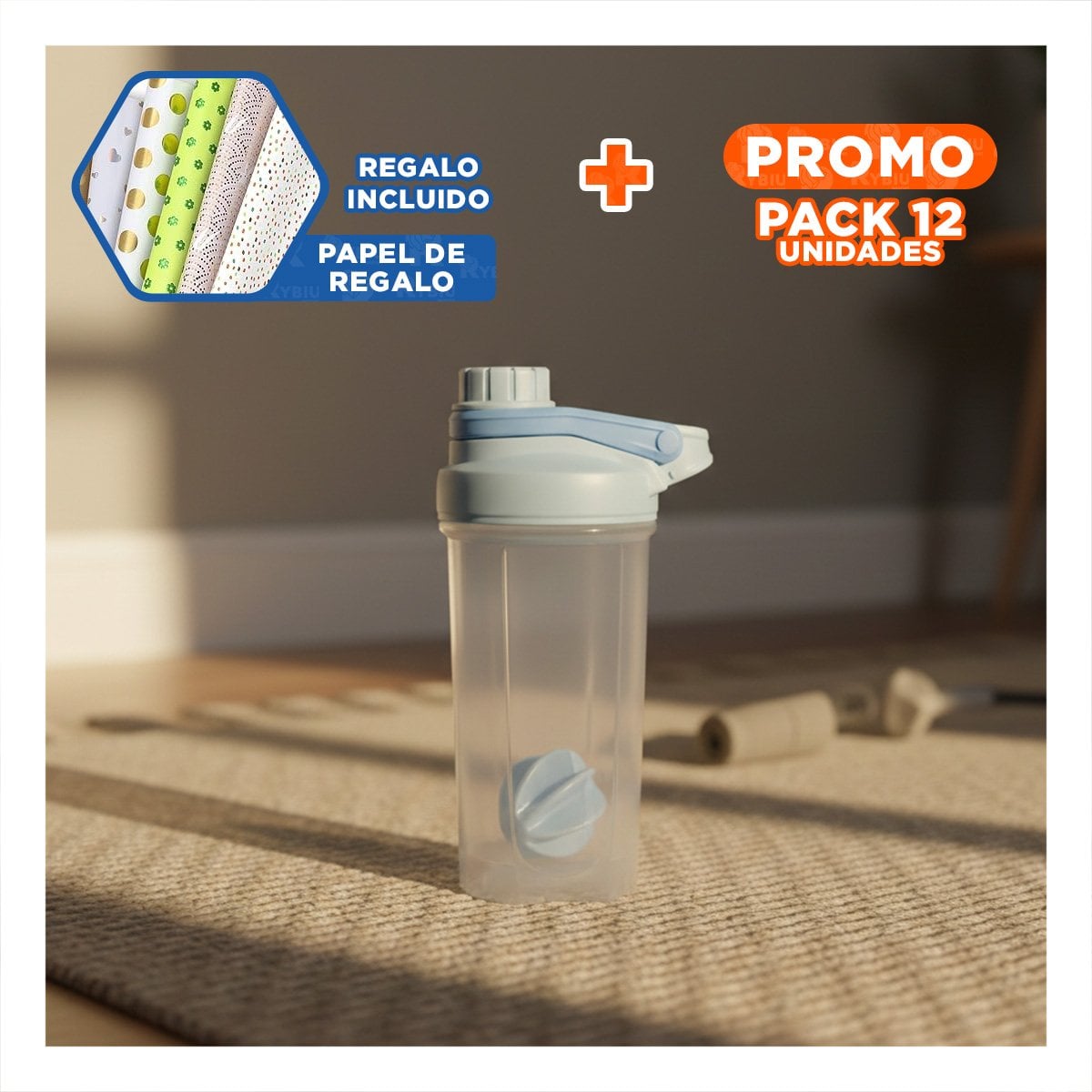 PACK12 FRASCO TOMATODO SHAKER 500ML CELESTE PARA HIDRATACIÓN Y DEPORTE DIARIO Y+PAPEL REGALO - 1