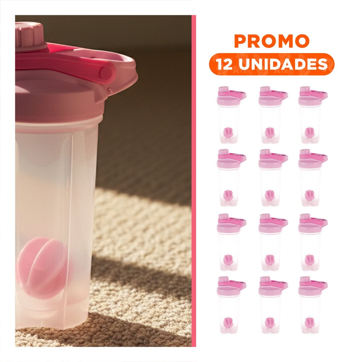 PACK12 ENVASE TOMATODO SHAKER 500ML ROSADO PRÁCTICO PARA GYM Y LICUADOS Y+REGALO STICKER - 1
