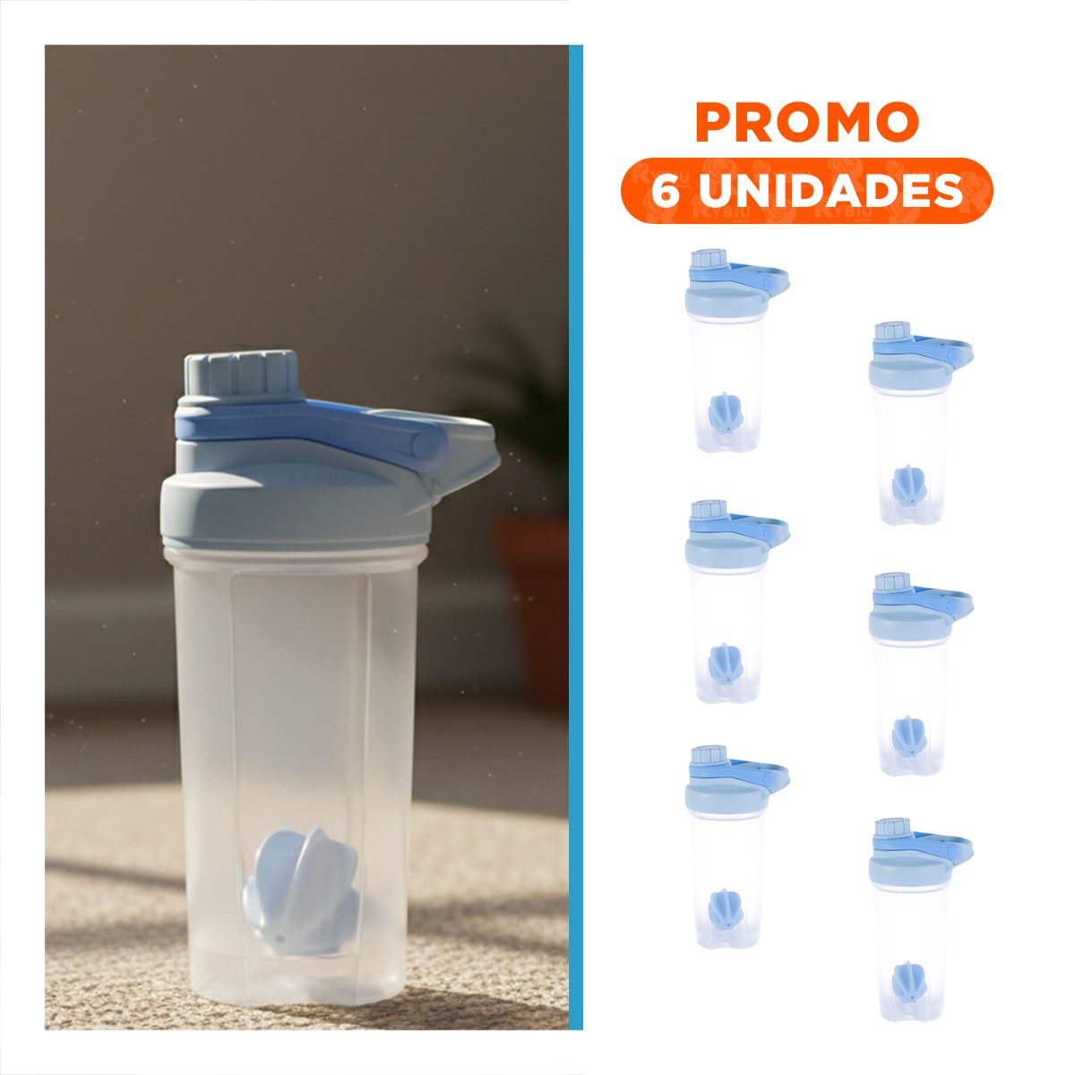 PACK6 ENVASE TOMATODO SHAKER 500ML CELESTE PARA LICUADOS Y BEBIDAS FITNESS - 1