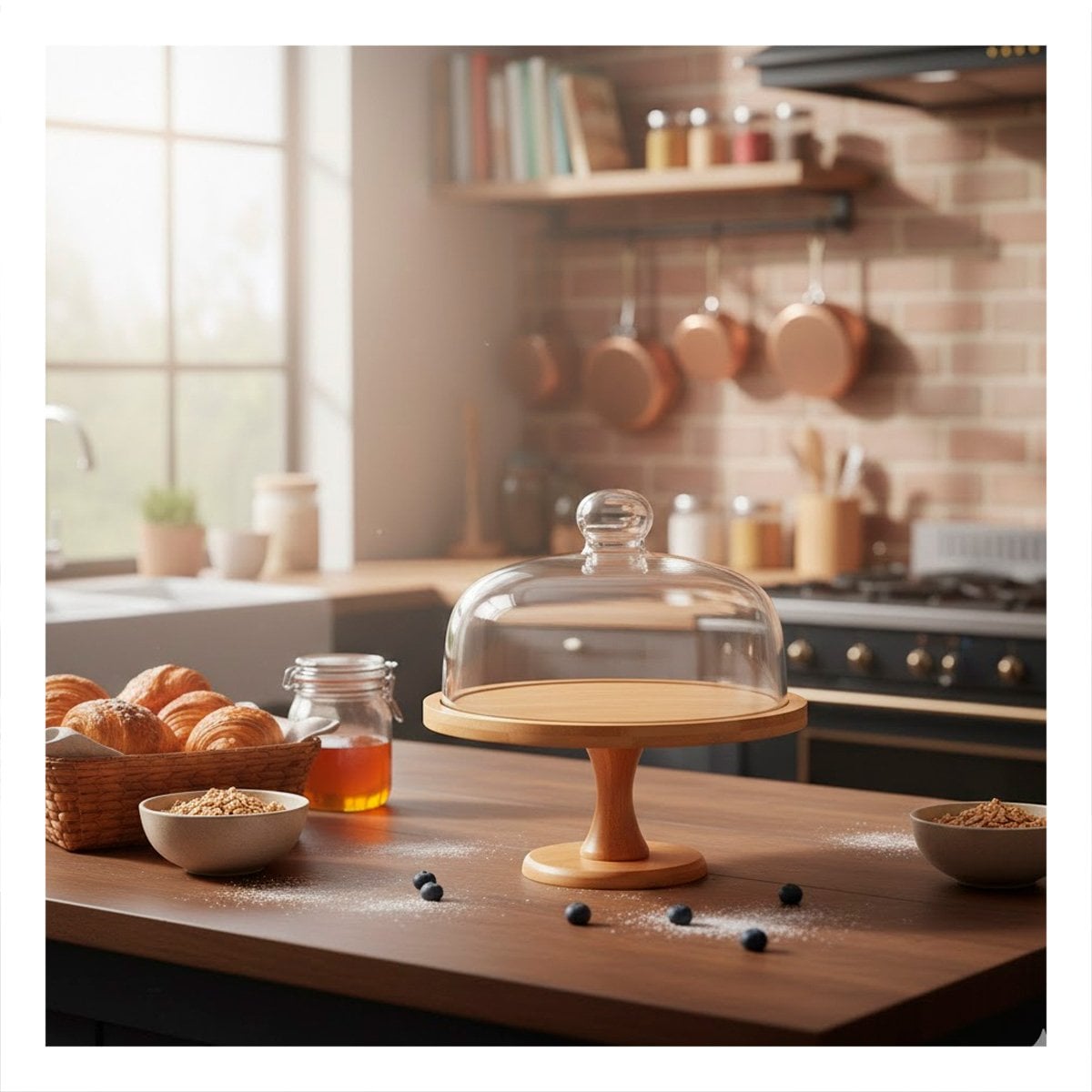 PLATAFORMA MADERA CON CUPULA DE VIDRIO 30CM TRANSPARENTE PARA DECORACION POSTRES - 2
