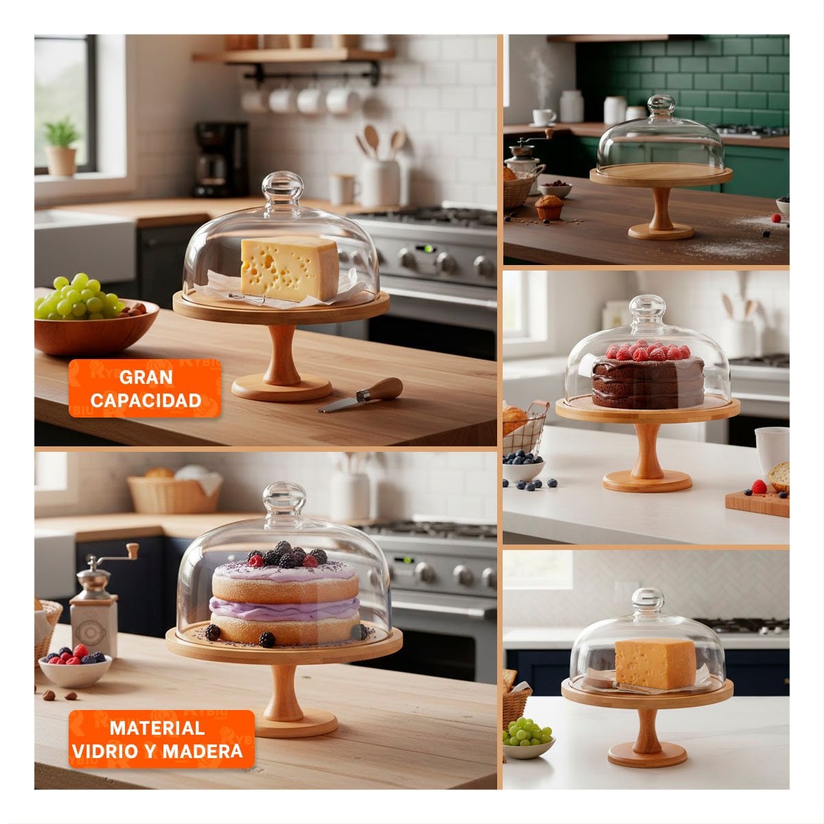 PLATAFORMA MADERA CON CUPULA DE VIDRIO 30CM TRANSPARENTE PARA DECORACION POSTRES - 5