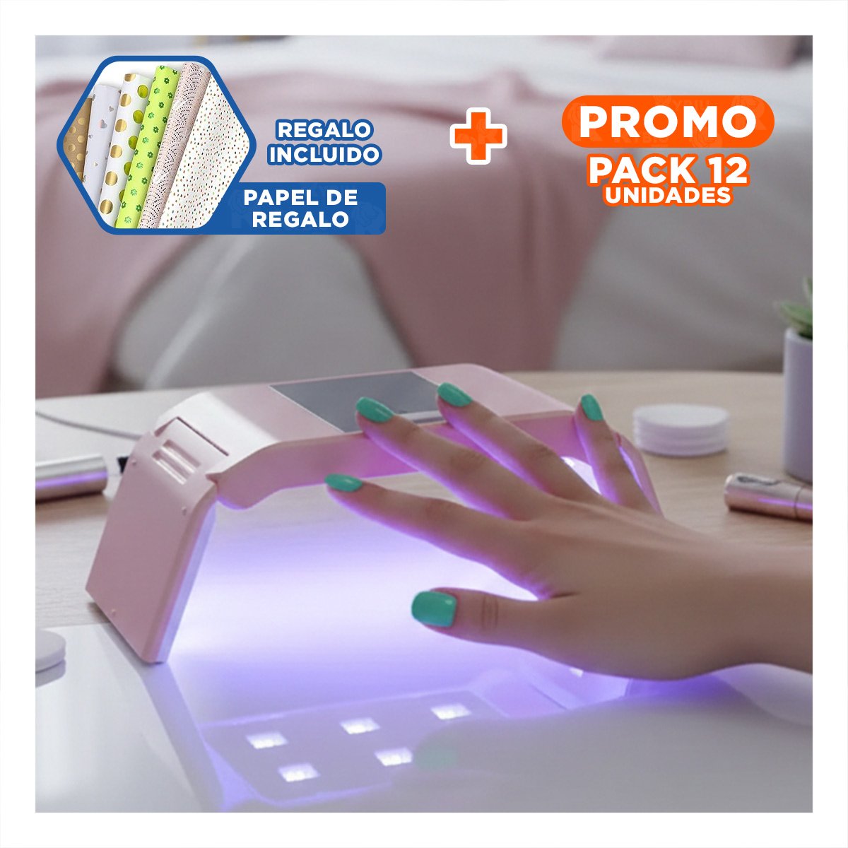 PACK12 LUMINARIA PARA UÑAS PORTATIL ROSADO RESISTENTE Y ELEGANTE PARA USO DIARIO Y+PAPEL REGALO - 1