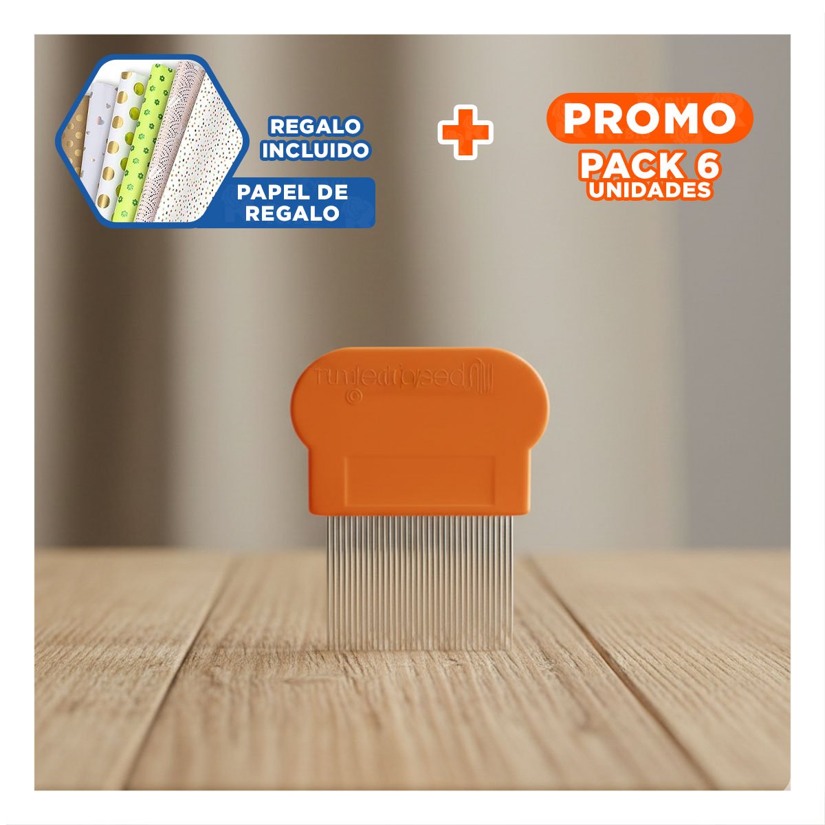 PACK6 PEINE COMPACTO NARANJA PARA PIOJOS Y LIENDRES FACIL DE USAR Y+PAPEL REGALO - 1
