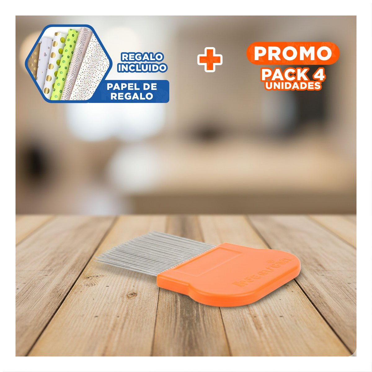 PACK4 PEINE FINO NARANJA PARA PIOJOS Y LIENDRES RESISTENTE EN CASA Y+PAPEL REGALO - 1