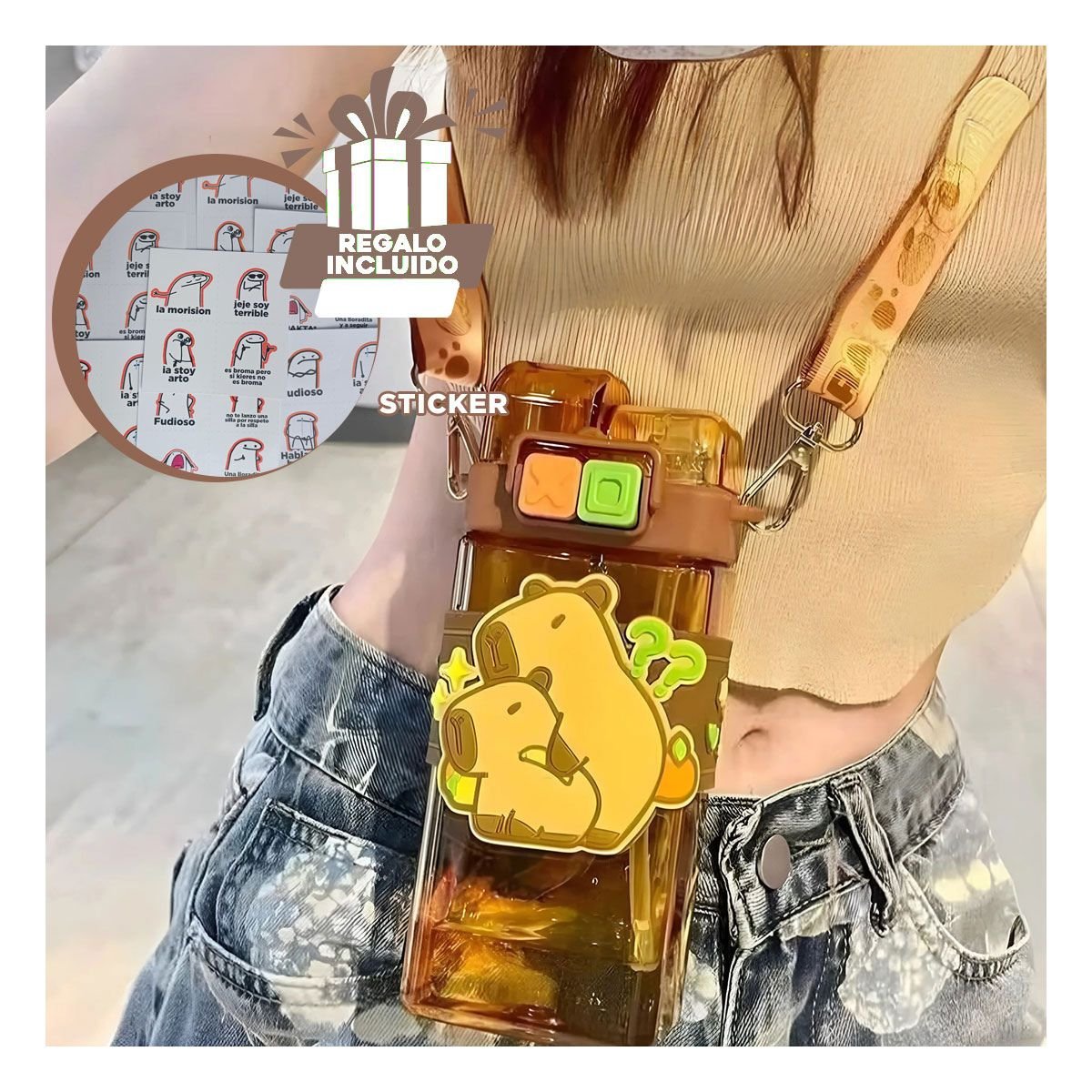 BOTELLA DOBLE CHUPON CON CORREA MARRON CON TAPA HERMETICA FACIL ABRIR Y+REGALO STICKER - 1