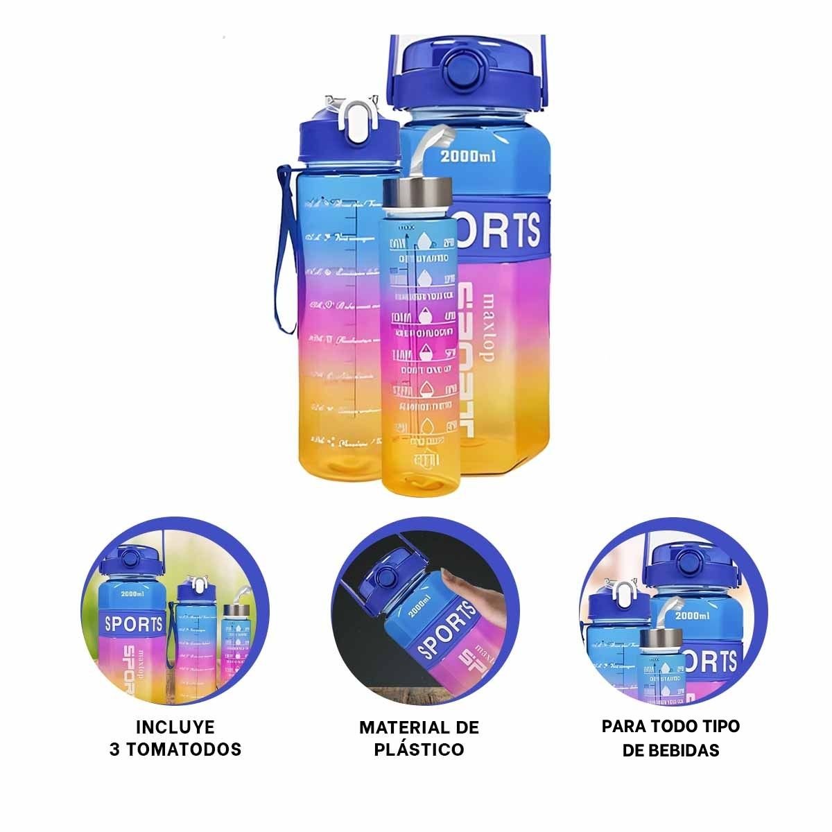 BOTELLA TRIO TRANSPARENTE AZUL FUCSIA Y AMARILLO MANTIENE BEBIDAS FRIAS - 3