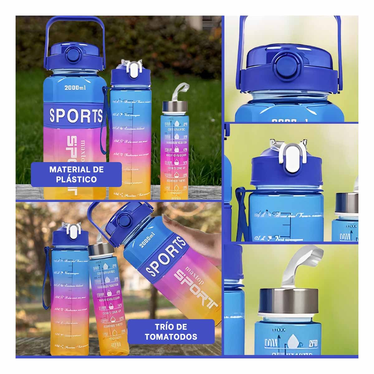 BOTELLA TRIO TRANSPARENTE AZUL FUCSIA Y AMARILLO MANTIENE BEBIDAS FRIAS - 5