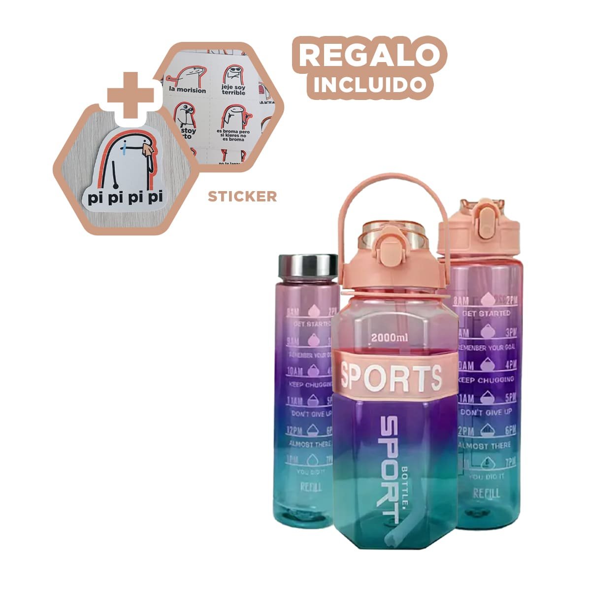 BOTELLA TRIO TRANSPARENTE ROSADO CLARO MORADO Y VERDE RESISTENTE Y FACIL Y+REGALO STICKER - 1