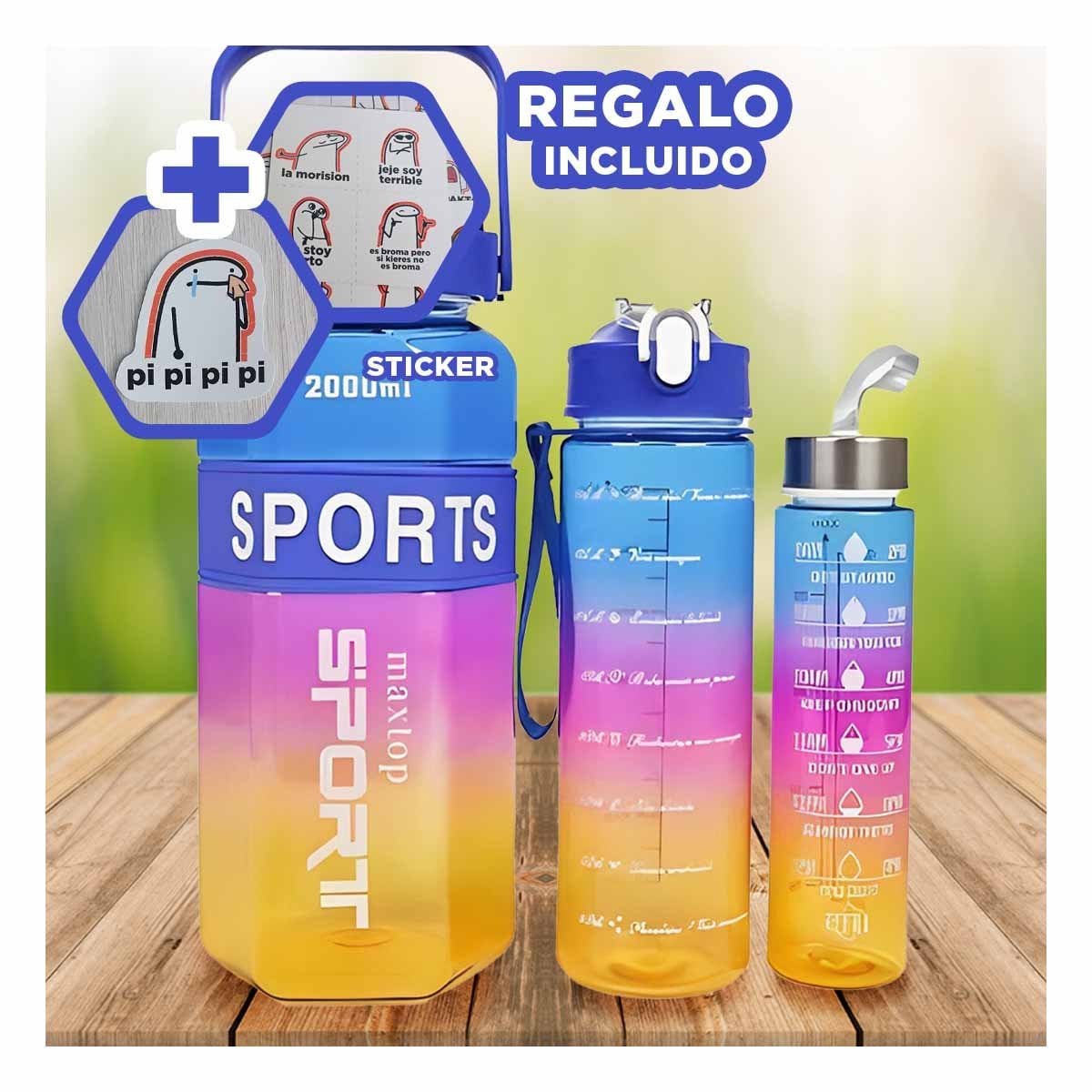 BOTELLA TRIO TRANSPARENTE AZUL FUCSIA Y AMARILLO RESISTENTE Y FACIL LIMPIAR Y+REGALO STICKER - 1