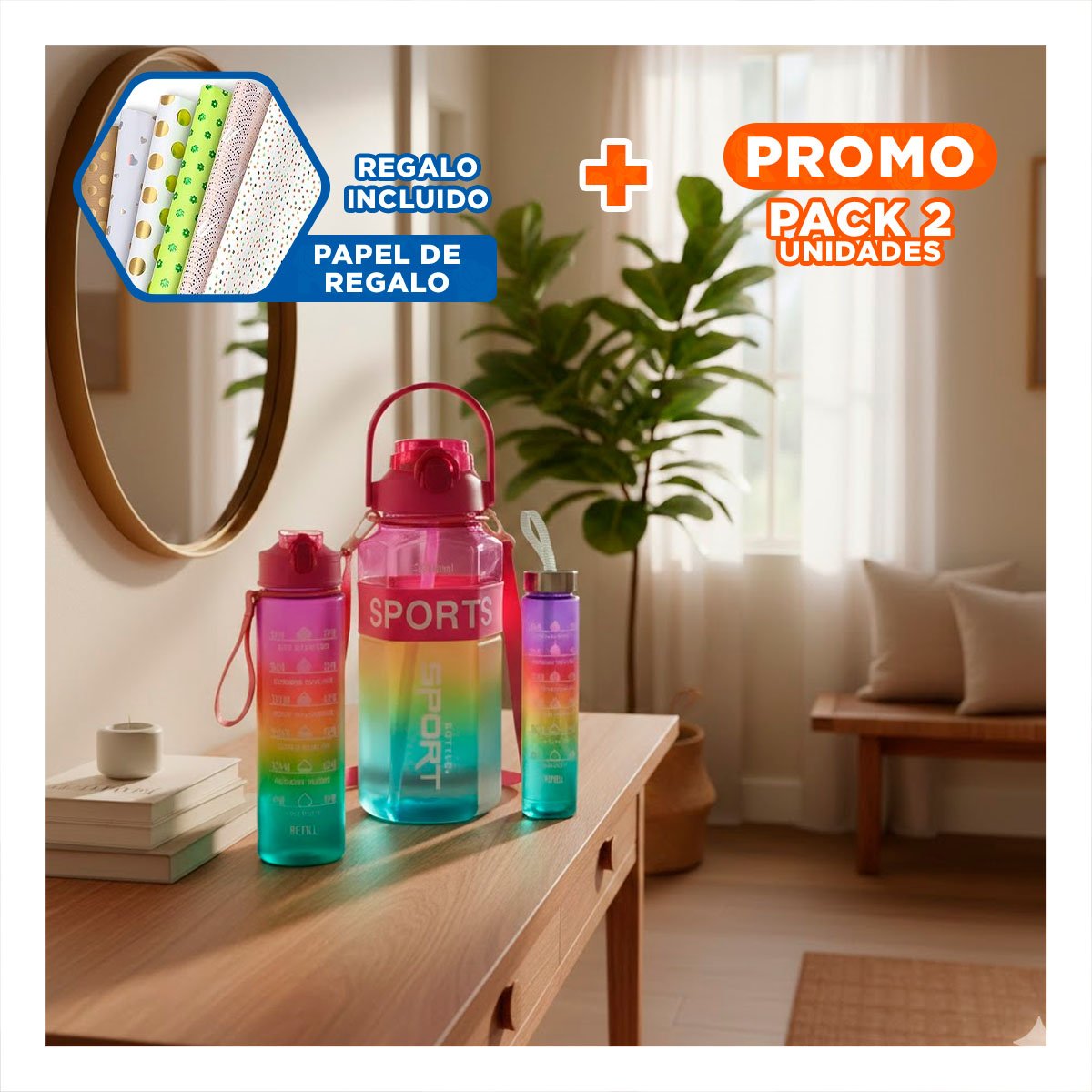 PACK2 RECIPIENTE TRIO TRANSPARENTE FUCSIA AMARILLO Y VERDE LIGERO Y COMODO Y+PAPEL REGALO - 1