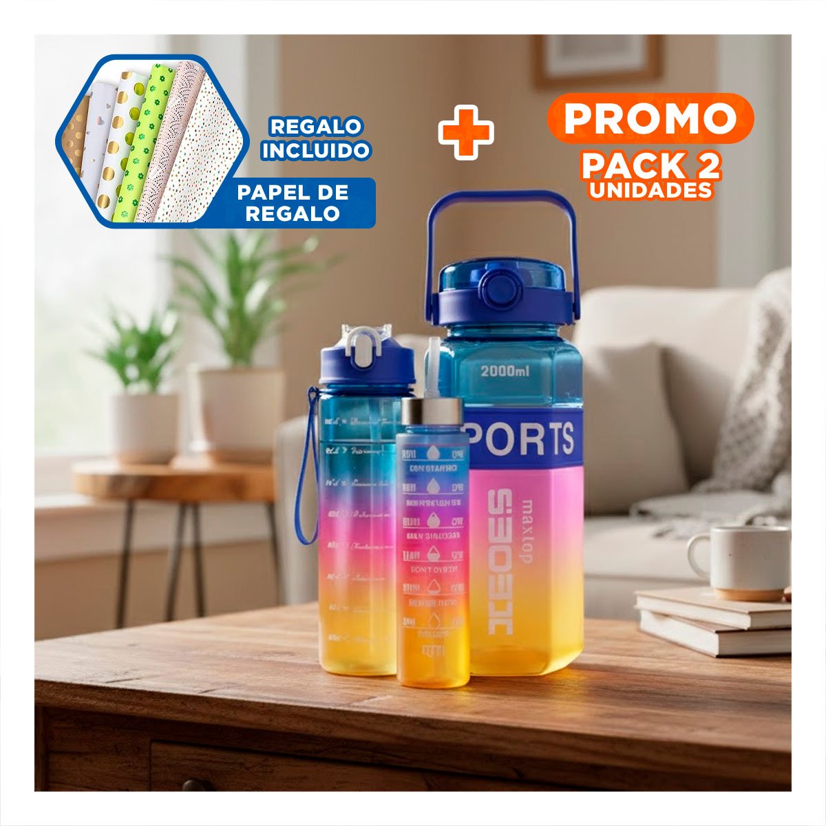 PACK2 RECIPIENTE TRIO TRANSPARENTE AZUL FUCSIA Y AMARILLO LIGERO Y COMODO Y+PAPEL REGALO - 1