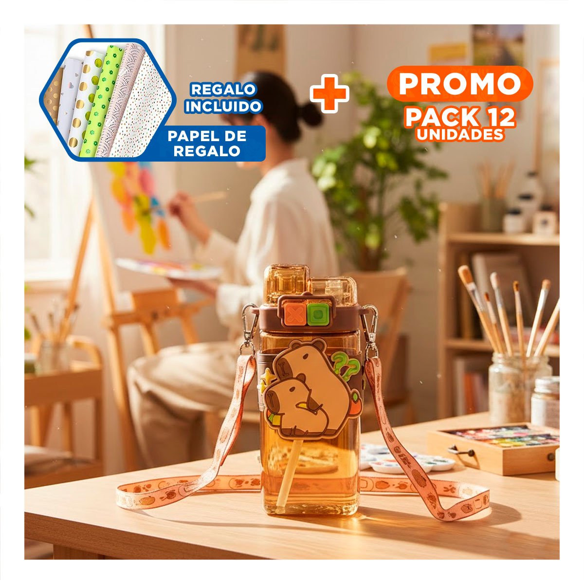 PACK12 JARRA DOBLE CHUPON CON CORREA MARRON CON TAPA HERMETICA FACIL ABRIR Y+PAPEL REGALO - 1