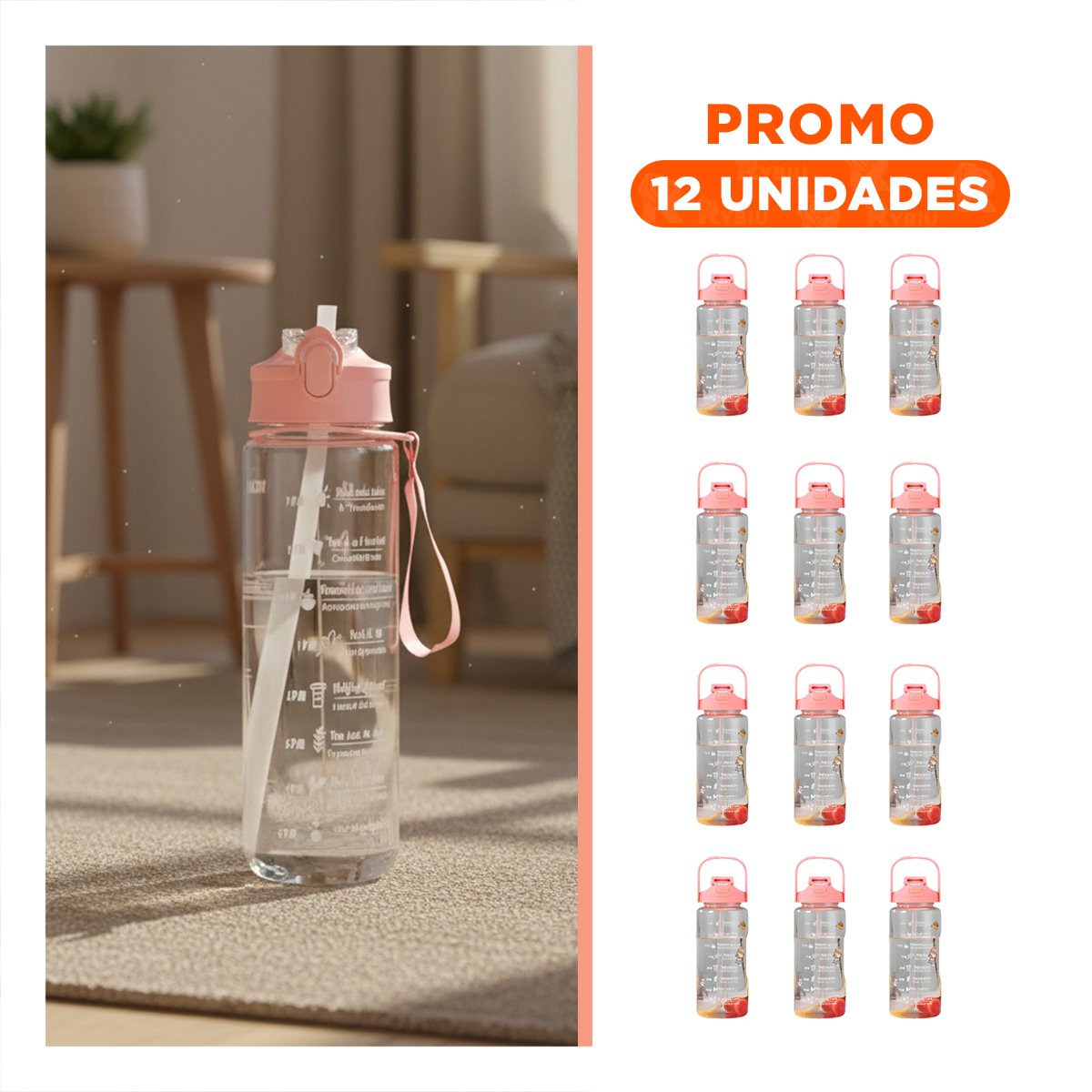 PACK12 JARRA TRIO TRANSPARENTE ROSADO LIGERA Y COMODA PARA TRANSPORTAR BEBIDAS Y+REGALO STICKER - 1